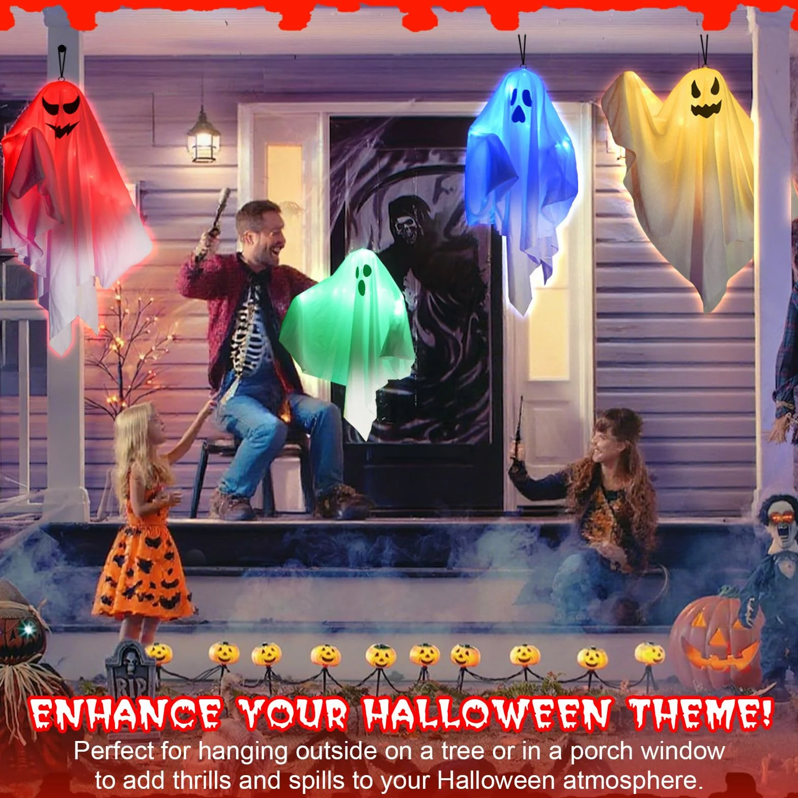 Dekoracyjne duchy LED na Halloween, dekoracja wisząca, 4 sztuki