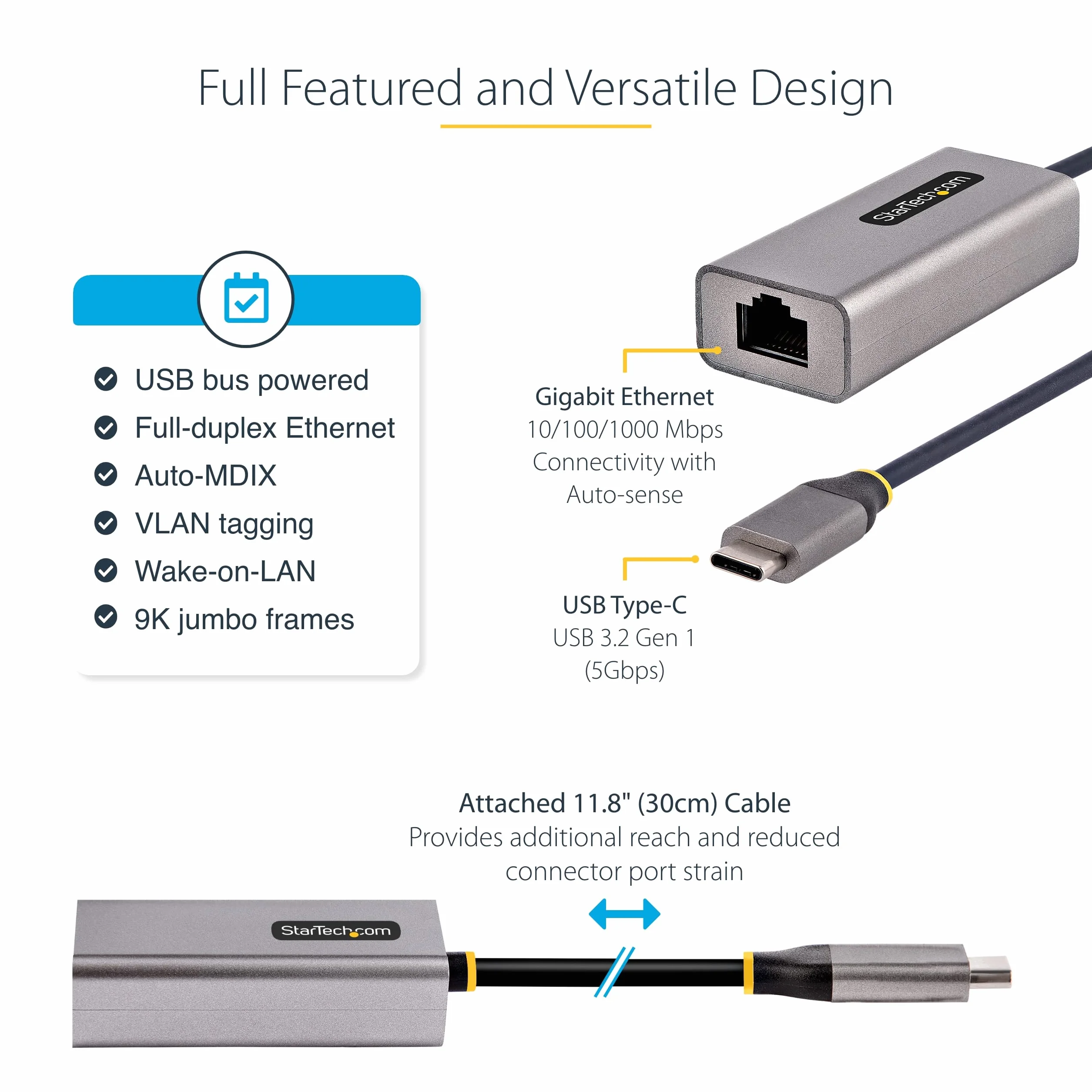 StarTech.com US1GC30B2 Adapter USB-C na Ethernet, adapter sieciowy USB 3.0 na Gigabit Ethernet – 10/100/1000 Mb/s, adapter Ethernet USB-C na RJ45 (GbE), 30,5 cm kabla, instalacja bez sterownika