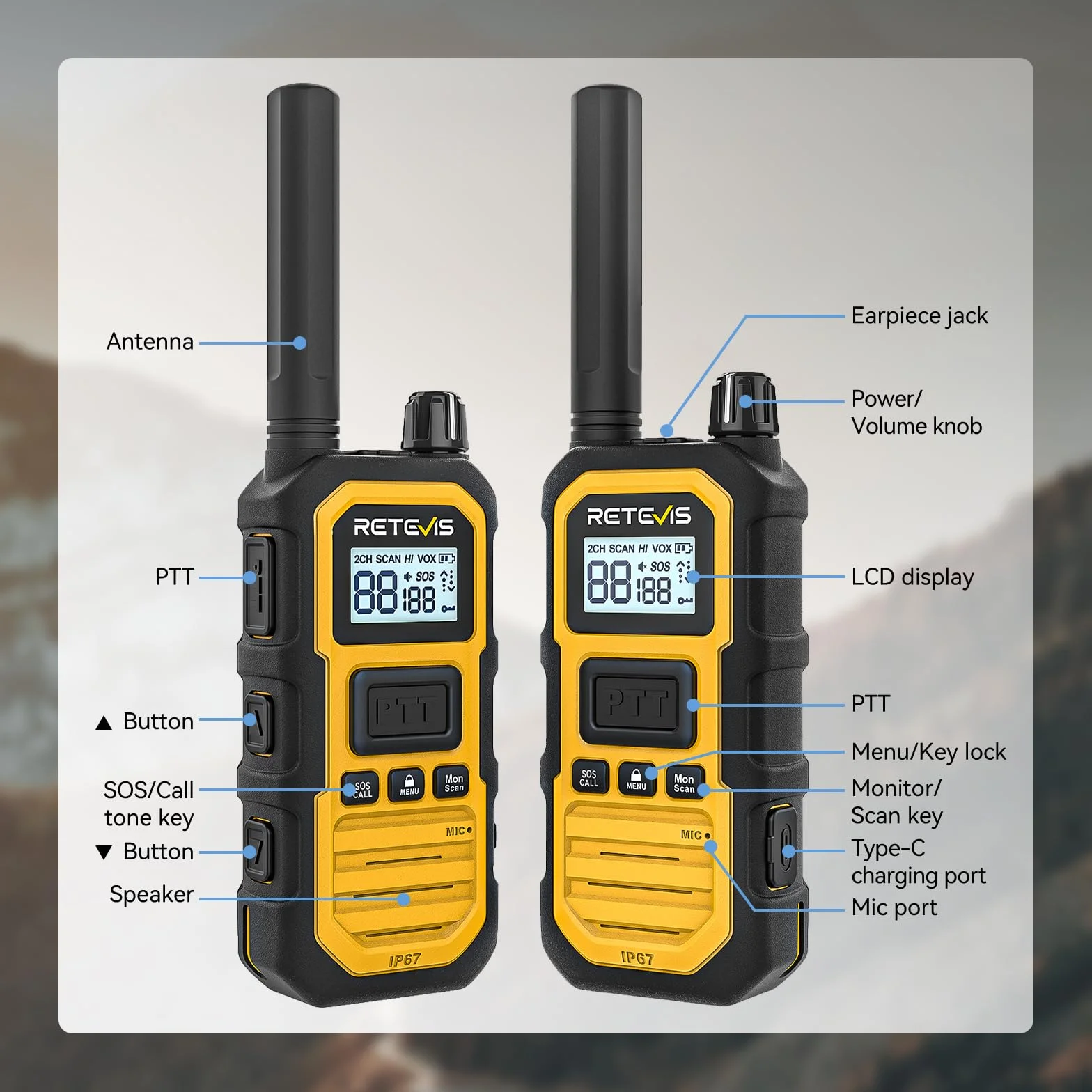 Retevis RB648 Plus Walkie Talkie Dalekiego Zasięgu, Wodoodporne Portofony IP67, 2000 mAh, Typ C, Ręczny Walkie Talkie do Trudnych Warunków (4 Szt. Żółty)
