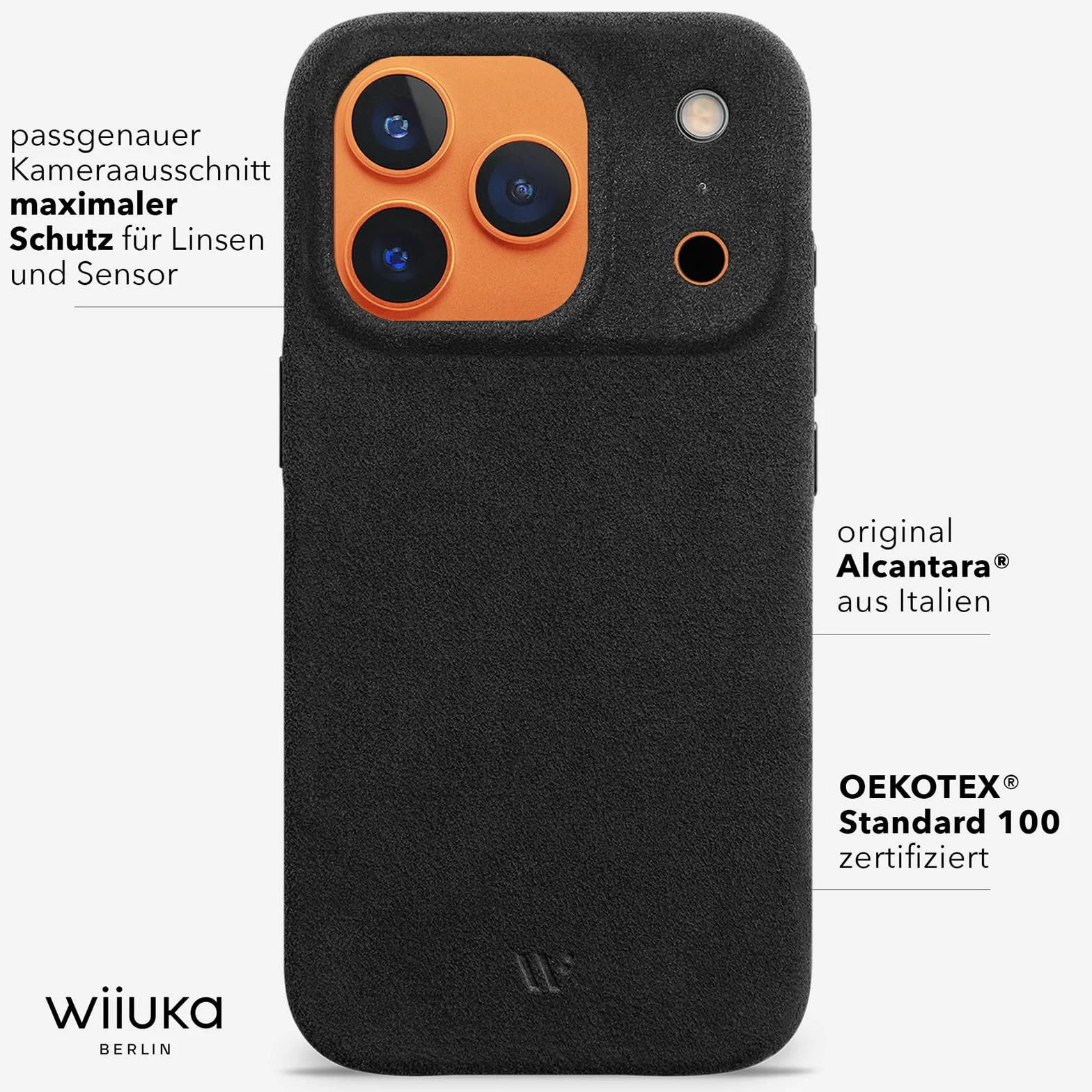 WIIUKA Etui do iPhone 17 Pro Max, oryginalne Alcantara®, ręcznie wykonane, bardzo cienkie, etui premium na telefon komórkowy, Case, Qi, alternatywa dla skóry, kolor czarny