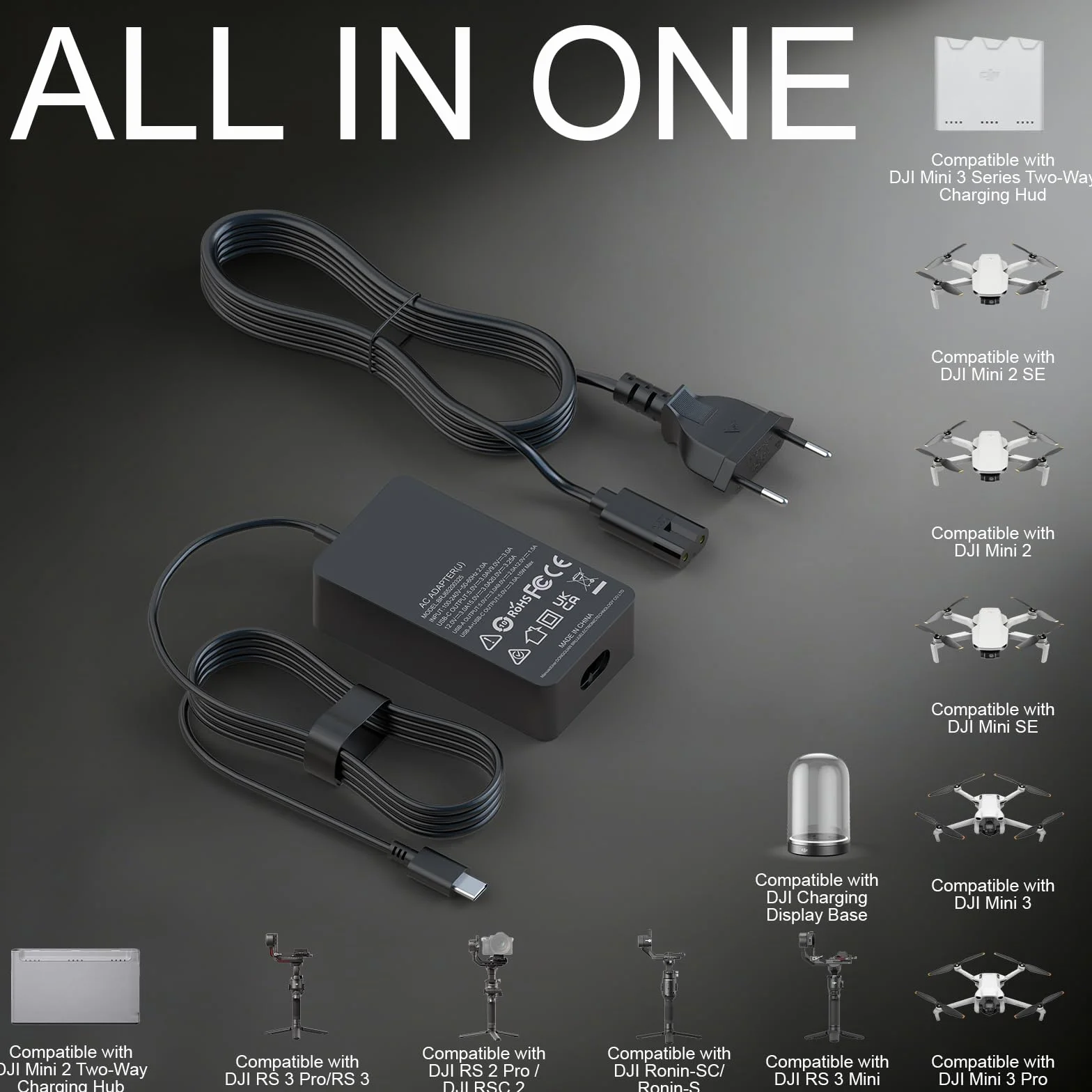 shefor Ładowarka do DJI, 65W USB C Ładowarka Zasilacz do DJI Avata Mini 2 SE, 4 Pro 3 Pro Air 3 2S Mavic 3 Klasyczne gogle filmowe 2 Stabilizatory dronów Kamery sportowe JBL Xtreme 3