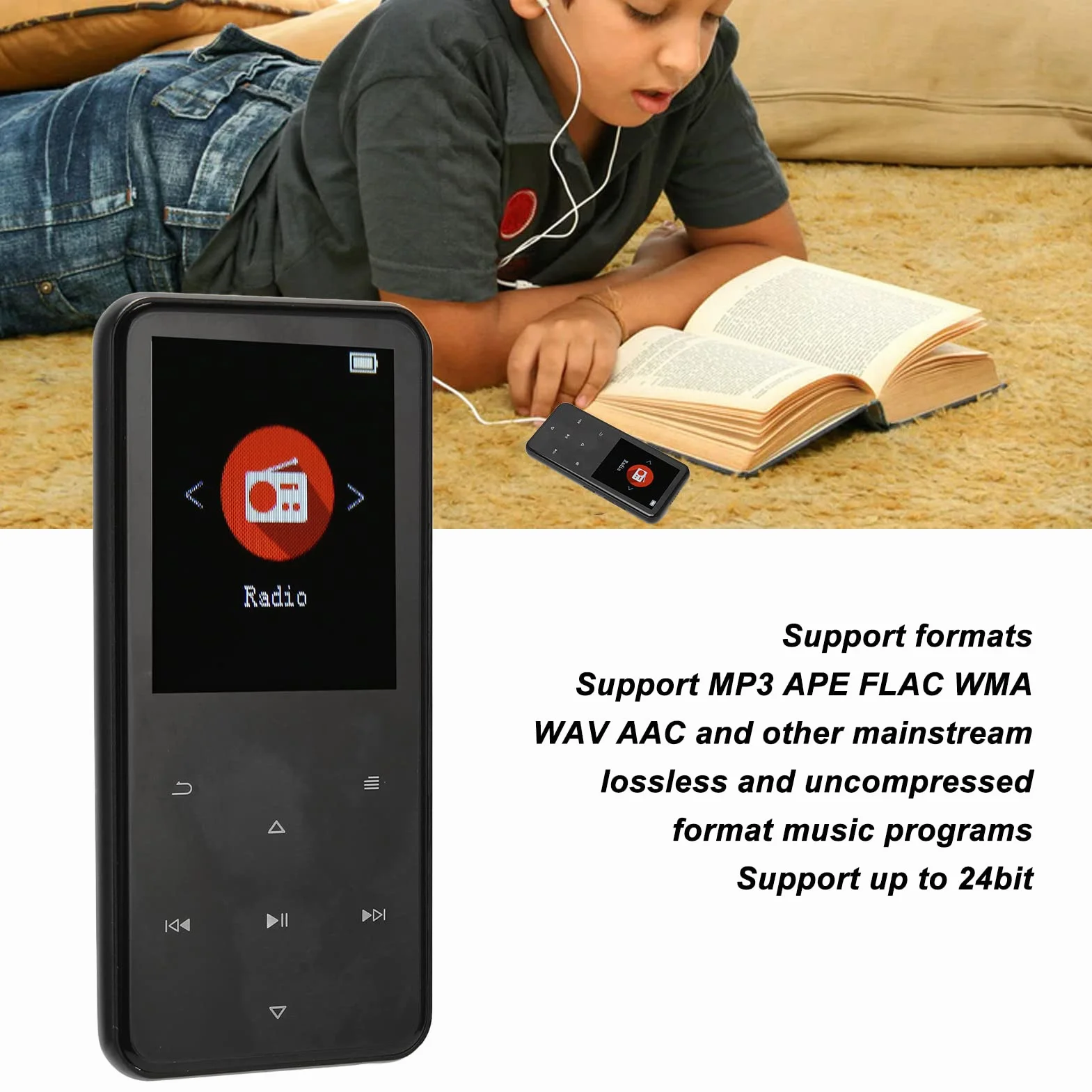 Odtwarzacz Muzyczny, Redukcja Szumów Gniazdo Wyjścia Liniowego Stereo 3,5 Mm Odtwarzacz Muzyczny MP3 Szybkie Nadawanie Radio FM 2,4-calowy Ekran TFT Układ Dekodujący DAC na Co