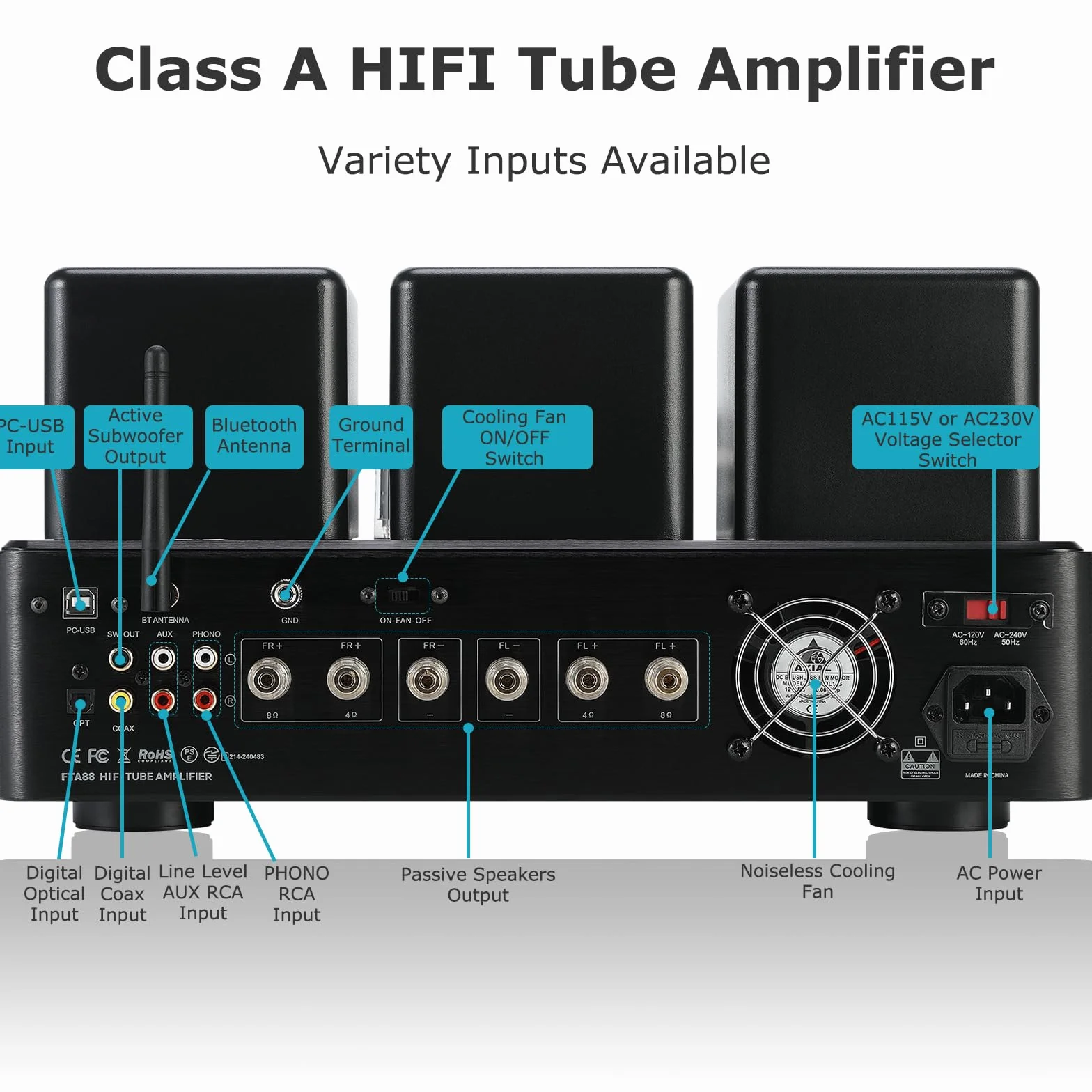 Juson Audio FTA88 Upgrade KT88 wzmacniacz rurowy zaworu, klasa A, wzmacniacz próżniowy HiFi z BT 5.0 Mosfet, jednokierunkowy, podwójny pilot zdalnego sterowania, aptX-HD
