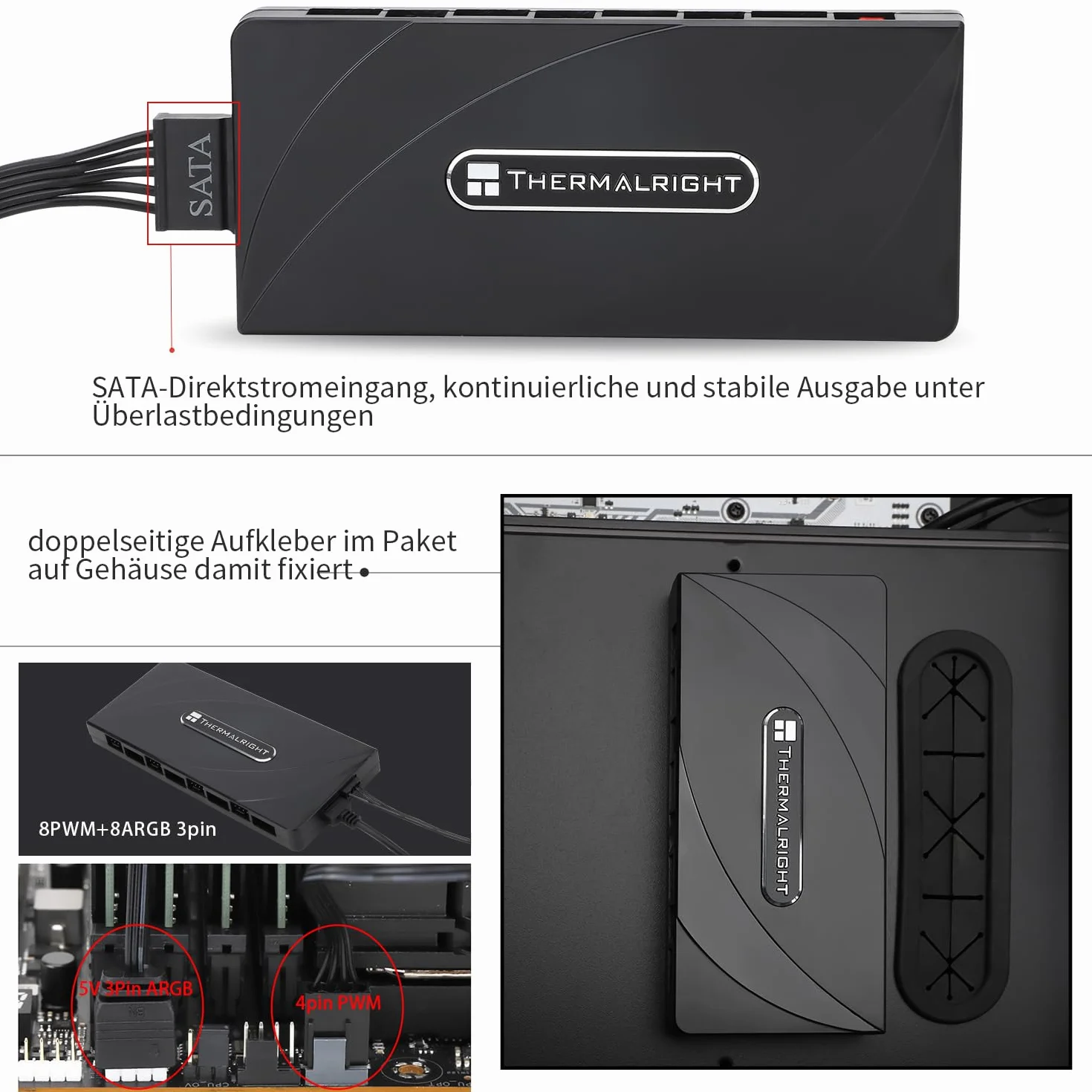 TR i ARGB HUB × 8, kontroler / PWM wykorzystuje zasilanie SATA, obsługuje 8 grup wentylatorów, wentylatorów PC i kontrolera wentylatora ARGB, kabel SATA nie wchodzi w zakres dostawy