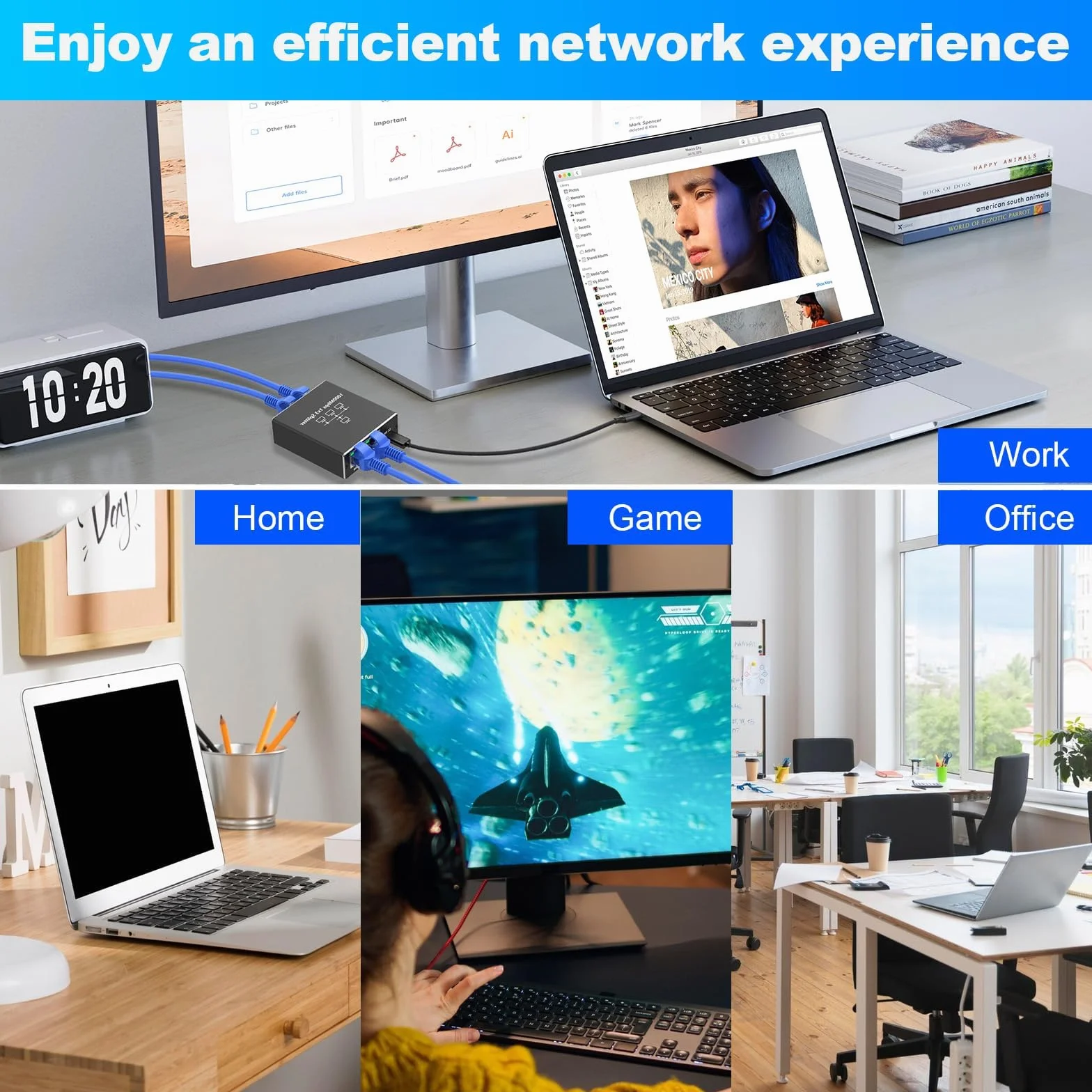 Loydia Rozdzielacz LAN 1 Na 3, Gigabit Ethernet Switch 3 Porty Z Kablem Sieciowym Typu C, 1000 Mbps RJ45 Do Komputera, Laptopa, Przełącznika, Routera, Gniazda Sieciowego, TV