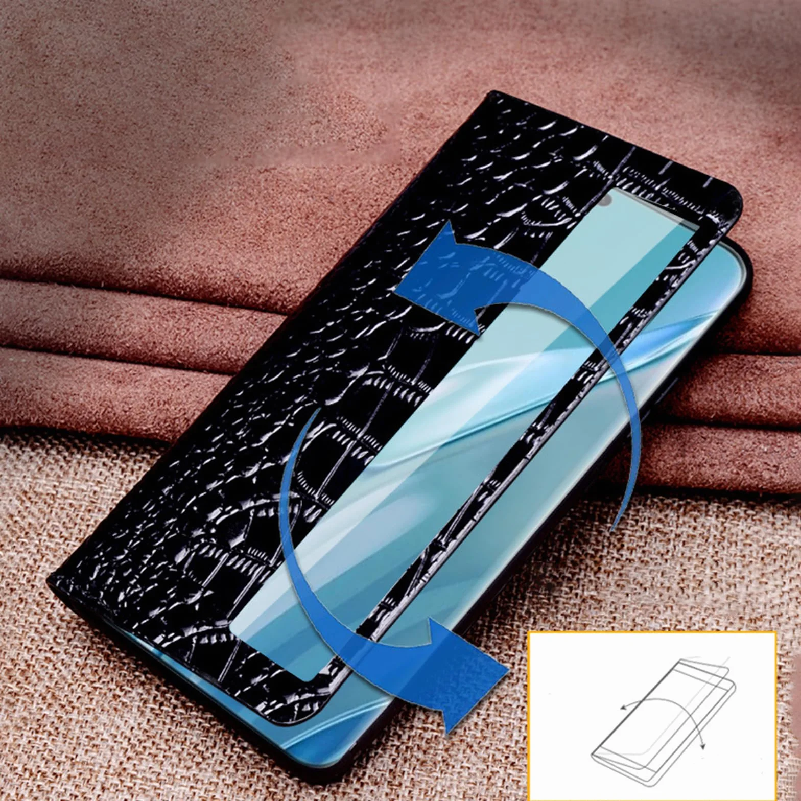 Etui z prawdziwej skóry do Huawei Pura 90 Pro Max/90 Pro, cienkie, inteligentne etui z klapką z pełną ochroną obiektywu, czarne, 90 Pro