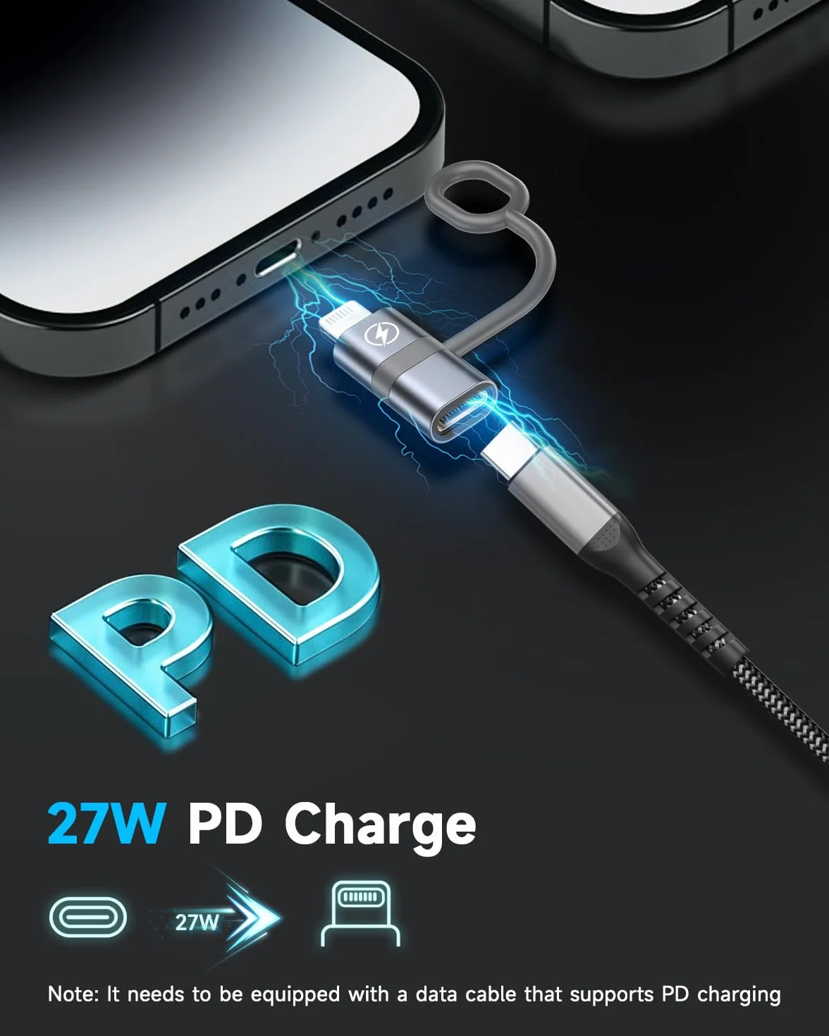 Adapter USB-C na Lightning 2 szt, Szybkie ładowanie PD i przesyłanie danych, ze sznurkiem zabezpieczającym, do iPhone 14/13/12/11, iPad, Nie dotyczy słuchawek/audio/OTG
