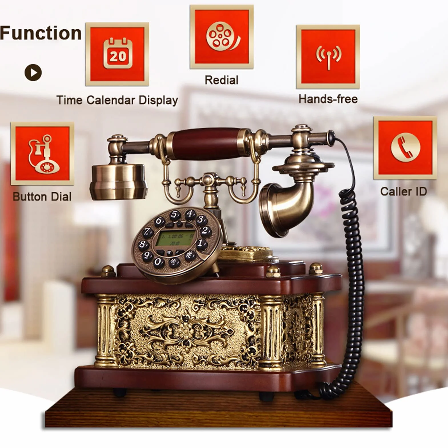 WangXLDD Telefon vintage antyczny telefon biurowy, klasyczny telefon przewodowy z przyciskiem z wyświetlaczem LCD, do domu, biura, hotelu, dekoracja
