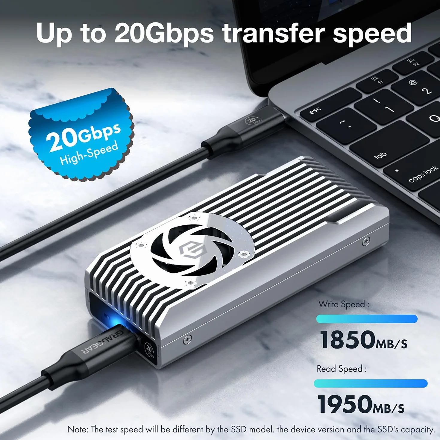 GRAUGEAR Zewnętrzna aluminiowa obudowa 20 Gbps, do M.2 NVMe SSD PCIE x4, M-Key, USB 3.2 Gen2 x 2 20 Gbit/s, aktywny wentylator, ochrona przed zapisem