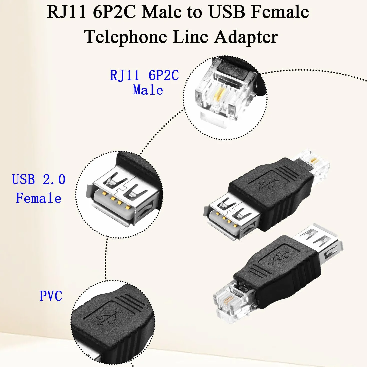 QIANRENON Wtyczka RJ11 do gniazda USB do telefonów złącze RJ11 6P2C wtyczka do gniazda USB A kabel telefoniczny adapter 2pin RJ11/USB do telefonu interfejs testowy, do telefonów faksowych, 2 szt