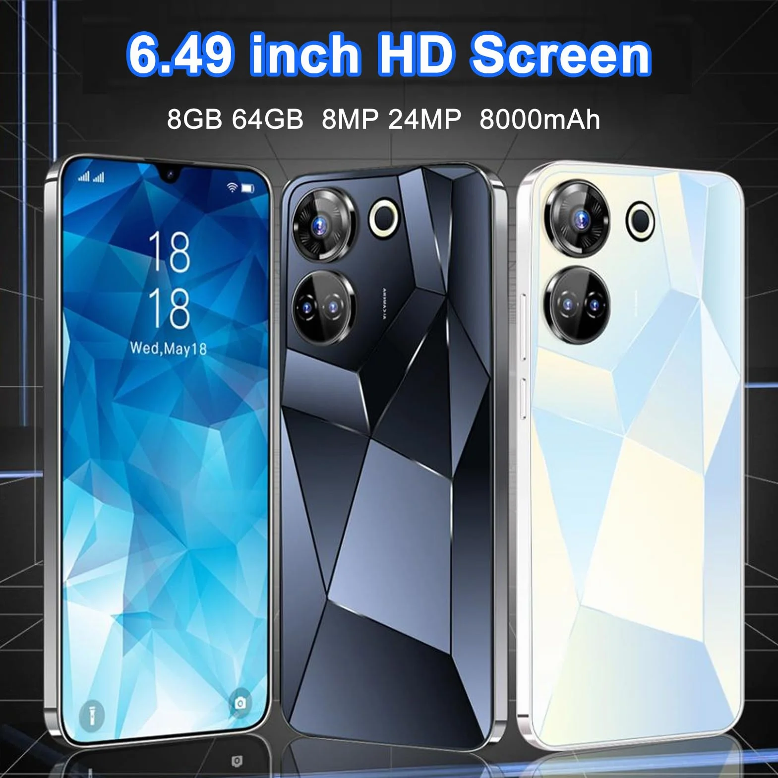 C20 Pro Smart Phone, 6,49 Cala Ekran HD 8 GB RAM 64 GB ROM MT6580A CPU 24MP Tylna Kamera 8000 MAh Bateria z Rozpoznawaniem Twarzy, na 12 (WHITE)