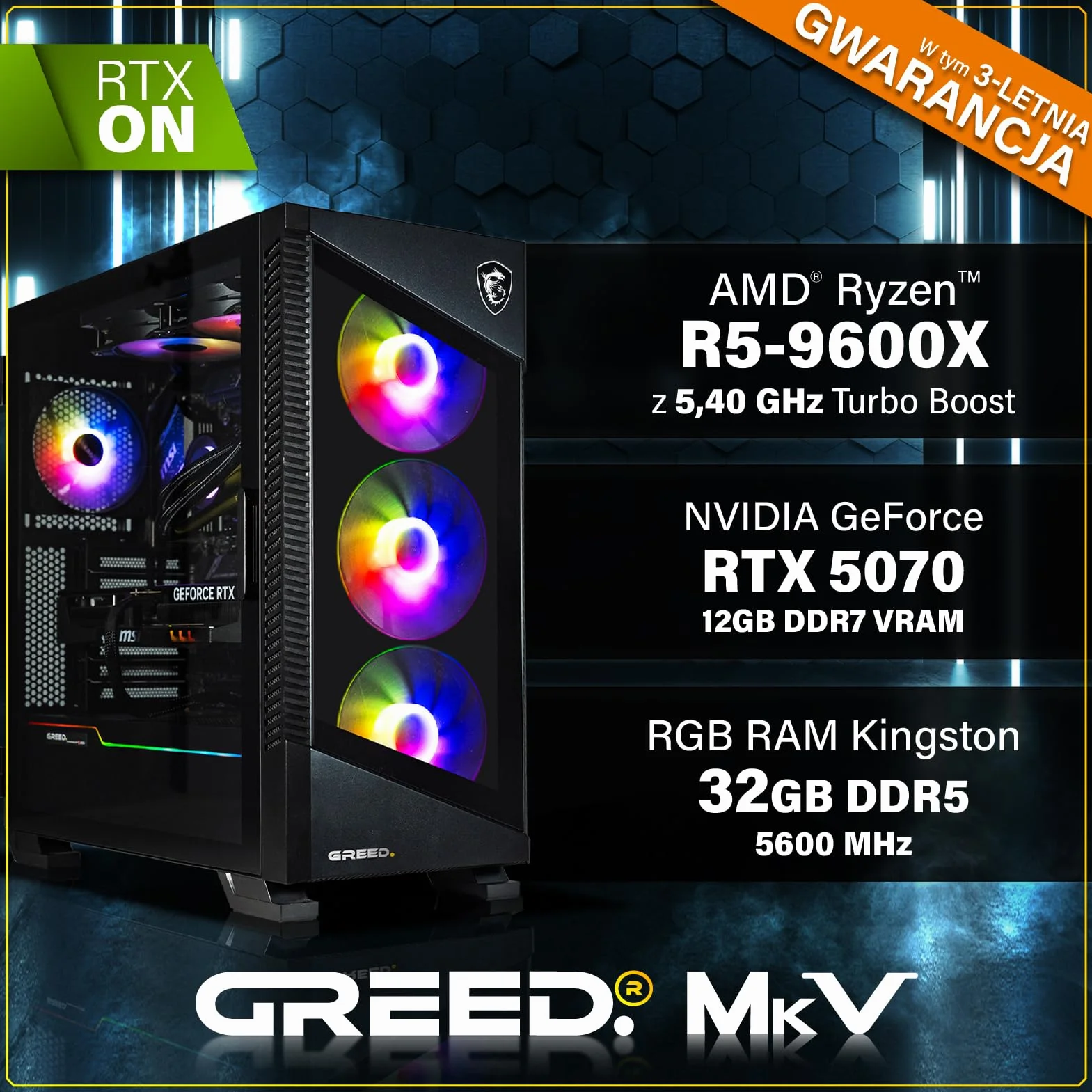 Greed® MK5 komputer gamingowy High End - AMD Ryzen 5 9600X + Nvidia Geforce RTX 5070 12 GB - szybki PC RGB + Desktop Raytracing 4K - 5,4 GHz - 32 GB DDR5 RAM - 1TB SSD - Wi-Fi + Windows 11 Pro