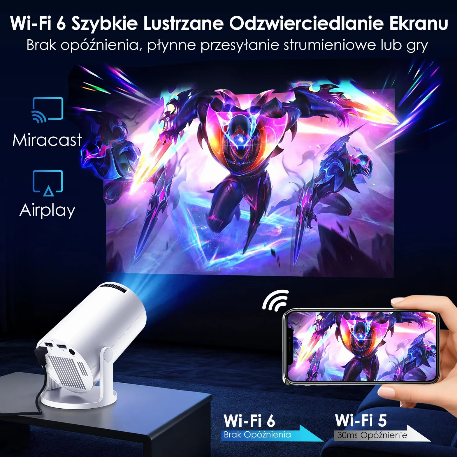 WOLFANG Projektor, Ulepszony Mini Projektor 2026, Projektor do Sypialni z Obsługą 1080P Full HD, WiFi 6 i Bluetooth 5.4, Obrót 180°, Kompatybilny z iOS/Android/TV Stick