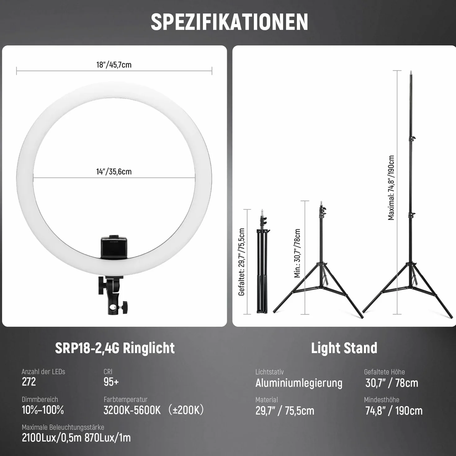 SRP18-2.4G lampa pierścieniowa LED z pilotem zdalnego sterowania i ściereczką z mikrofibry Keepdrum