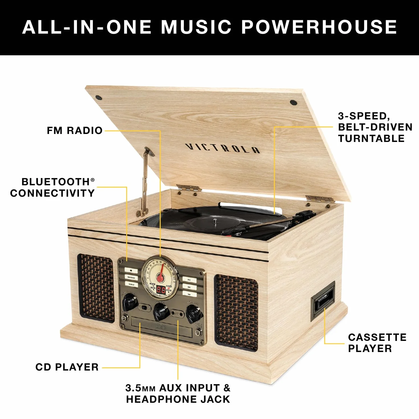 Victrola The Quincy – Gramofon Bluetooth 6 w 1 z wbudowanymi głośnikami, talerz obrotowy 3 prędkości, odtwarzacz CD i kaset, radio AM/FM, bezprzewodowe przesyłanie muzyki (Mahogany)