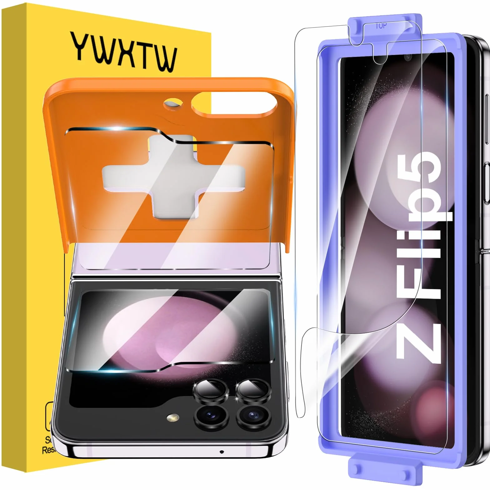 YWXTW Ulepszone narzędzie wyrównujące 2023 do Samsung Galaxy Z Flip 5, 2 sztuki wewnętrznego miękkiego EPU + 2 szt. przednich szkła hartowanego + 2 szt. metalowych ochraniaczy obiektywu aparatu,