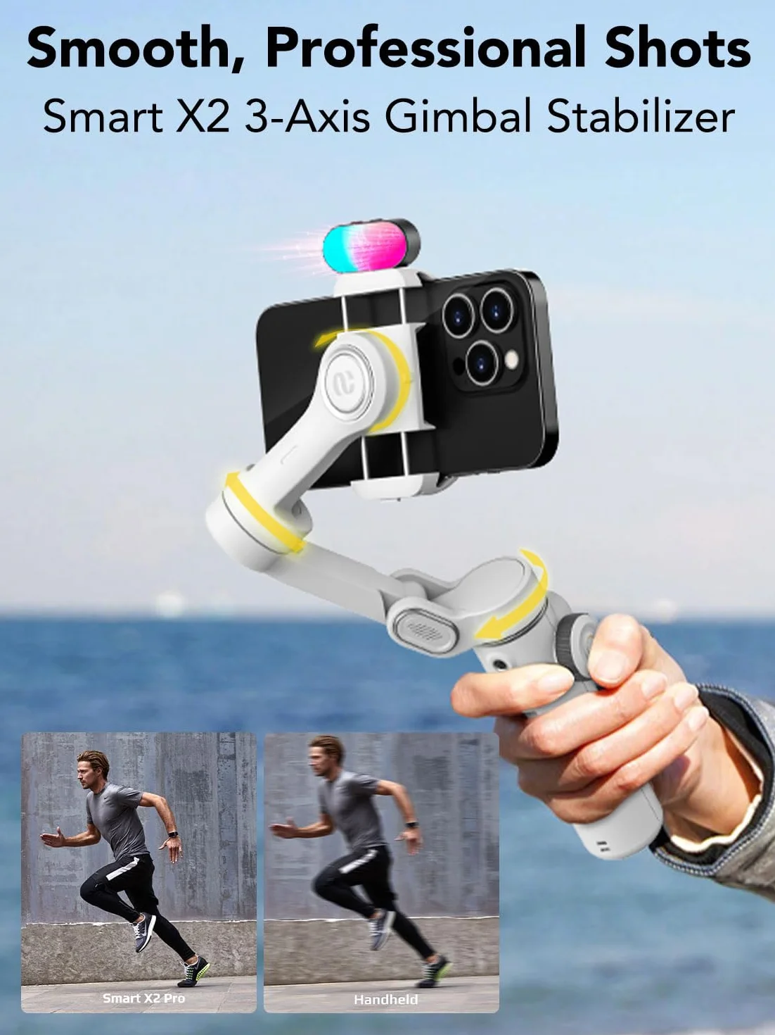 AOCHUAN Smart X2 3-osiowy stabilizator gimbala do smartfona z regulowanym światłem wypełniającym RGB, wbudowany drążek przedłużający 20 cm, ekran OLED do zdjęć nocnych, nagrywania wideo, zestaw X2,