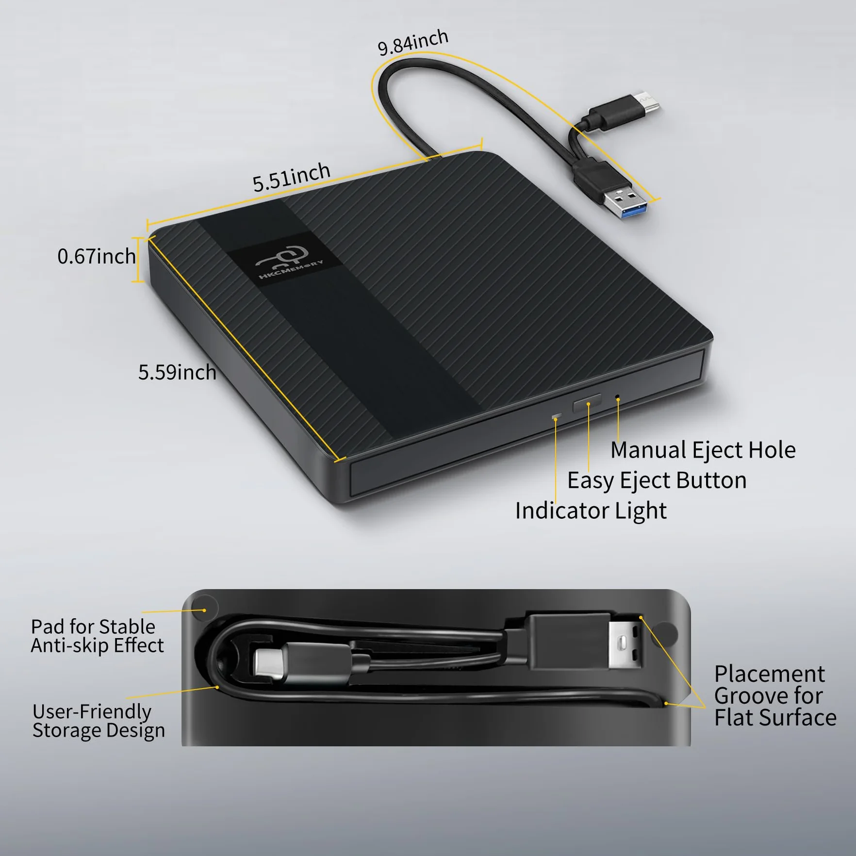 Zewnętrzny napęd CD/DVD USB 3.0 i typ C, smukły i przenośny czytnik nagrywarek DVD +/-RW CD ROM, kompatybilny z laptopem stacjonarnym PC Mac MacBook Pro/Air, Windows 11/10/8/7/XP, Linux (2 w 1)