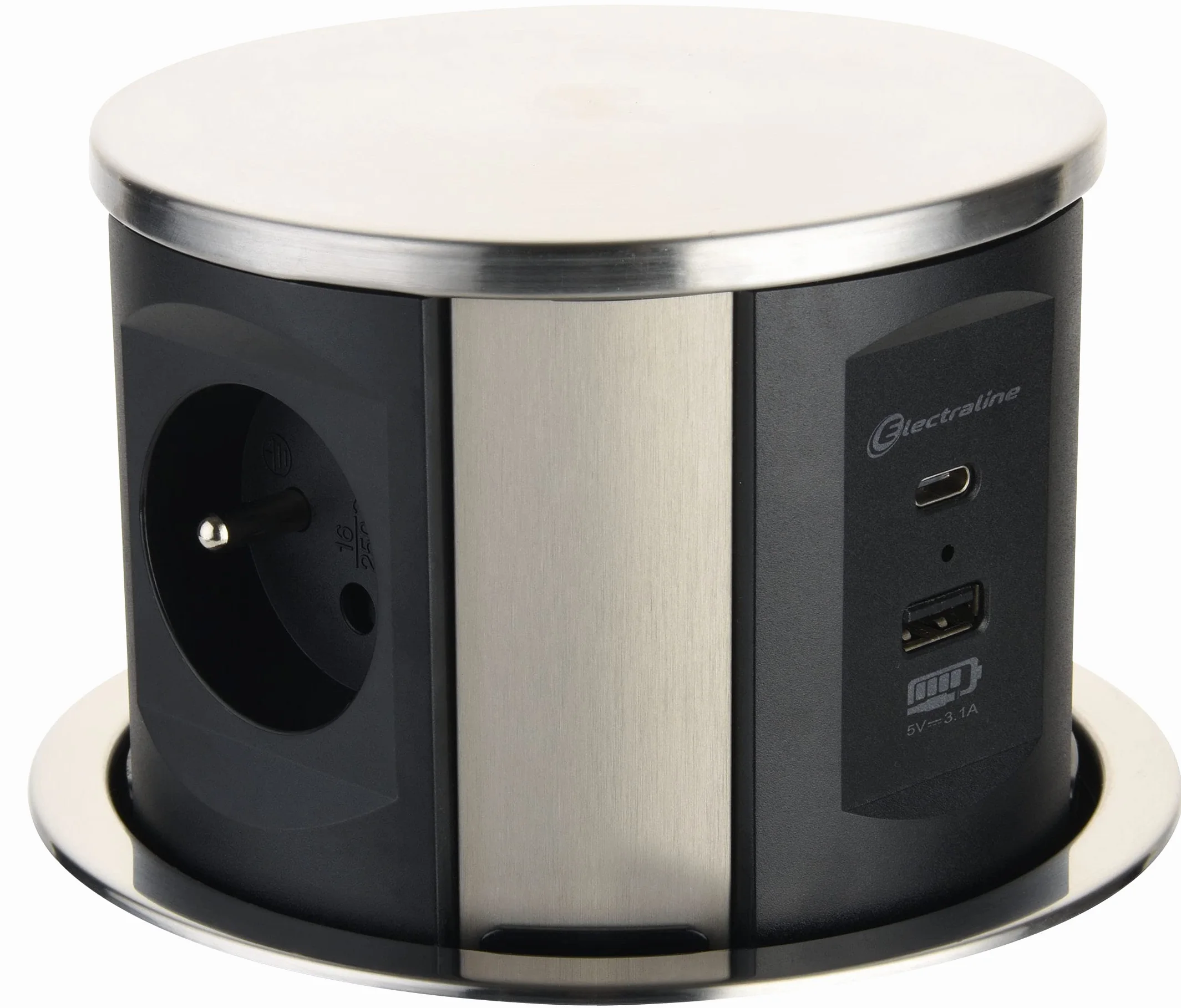 Electraline 35446 Listwa zasilająca chowana do blatu z 3 gniazdami w standardzie francuskim 16A + 2 USB 3.1A (1 USB typ A + 1 USB typ C) 15,5W, Wbudowane gniazdo do kuchni, Średnica 120mm, 2M