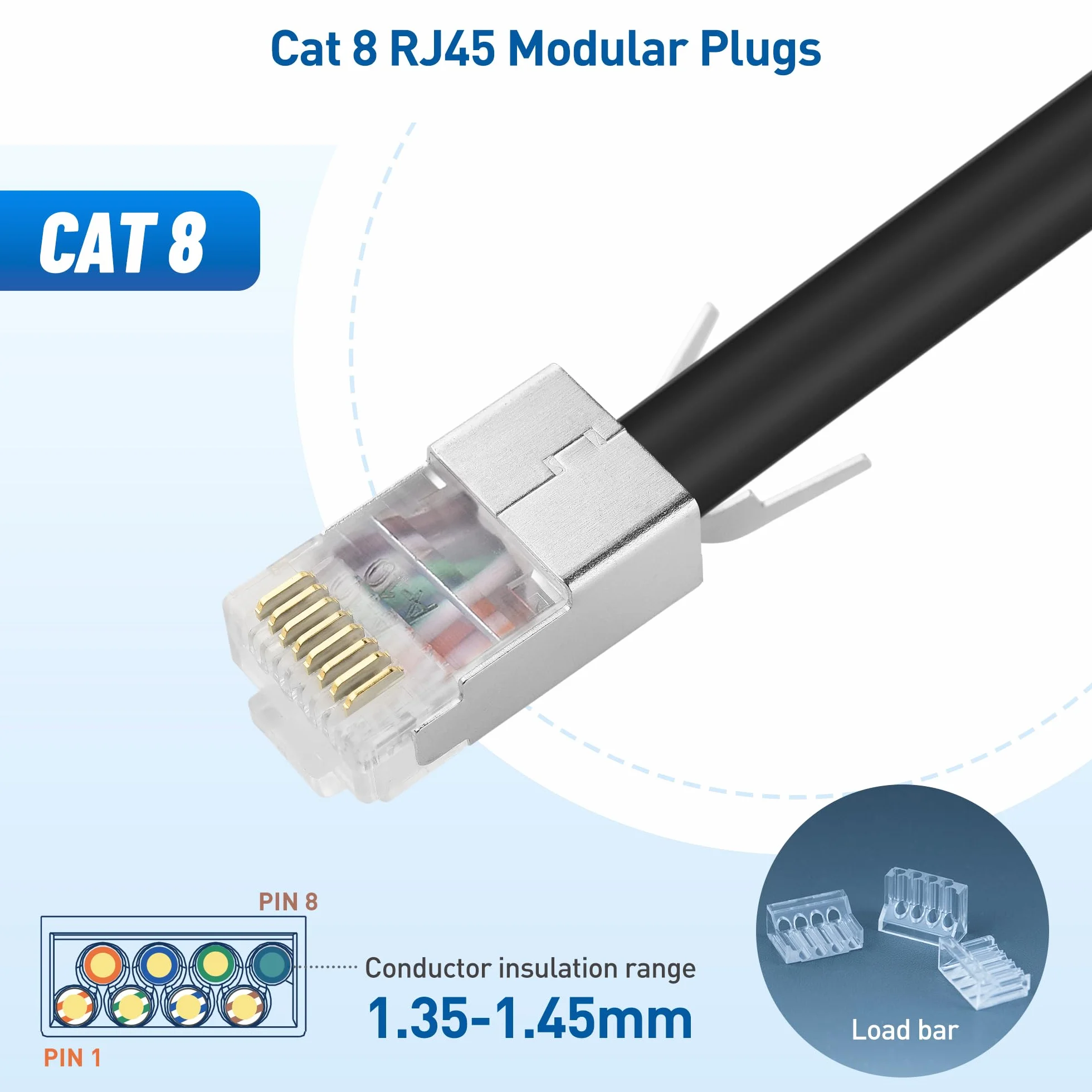 Cable Matters 20 sztuk ekranowanych złączy RJ45 Cat8 23-24AWG, z listwą obciążeniową i butami odciążającymi, złączem Cat8 RJ45 / złączem sieciowym Cat 8, nie jest kompatybilne z kablem 22AWG