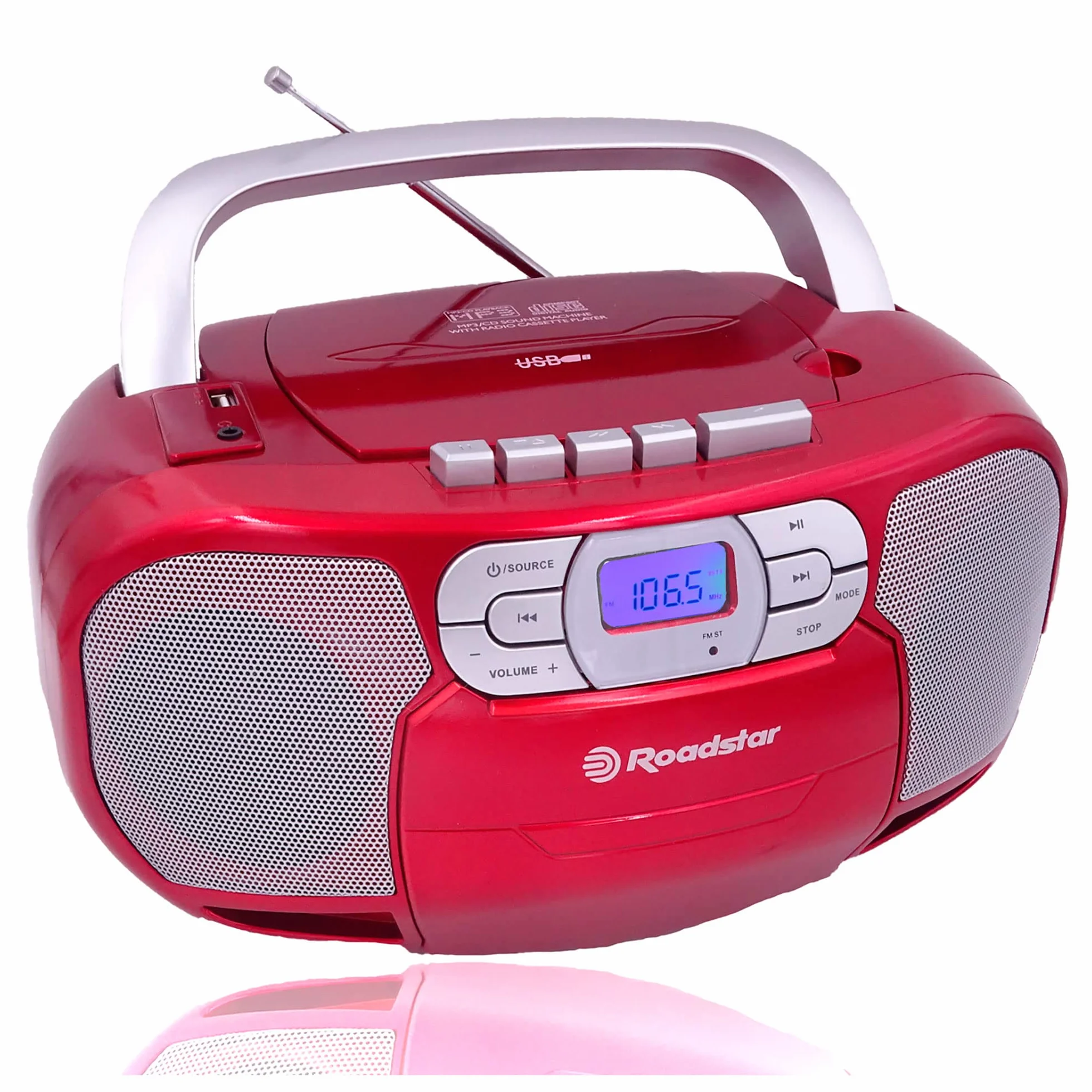 Roadstar RCR-4635UMP/RD Przenośny radio CD Kaseta, Radio cyfrowe PLL FM, Boombox Odtwarzacz CD-MP3, USB, AUX-IN, Wyjście słuchawkowe, Czerwony