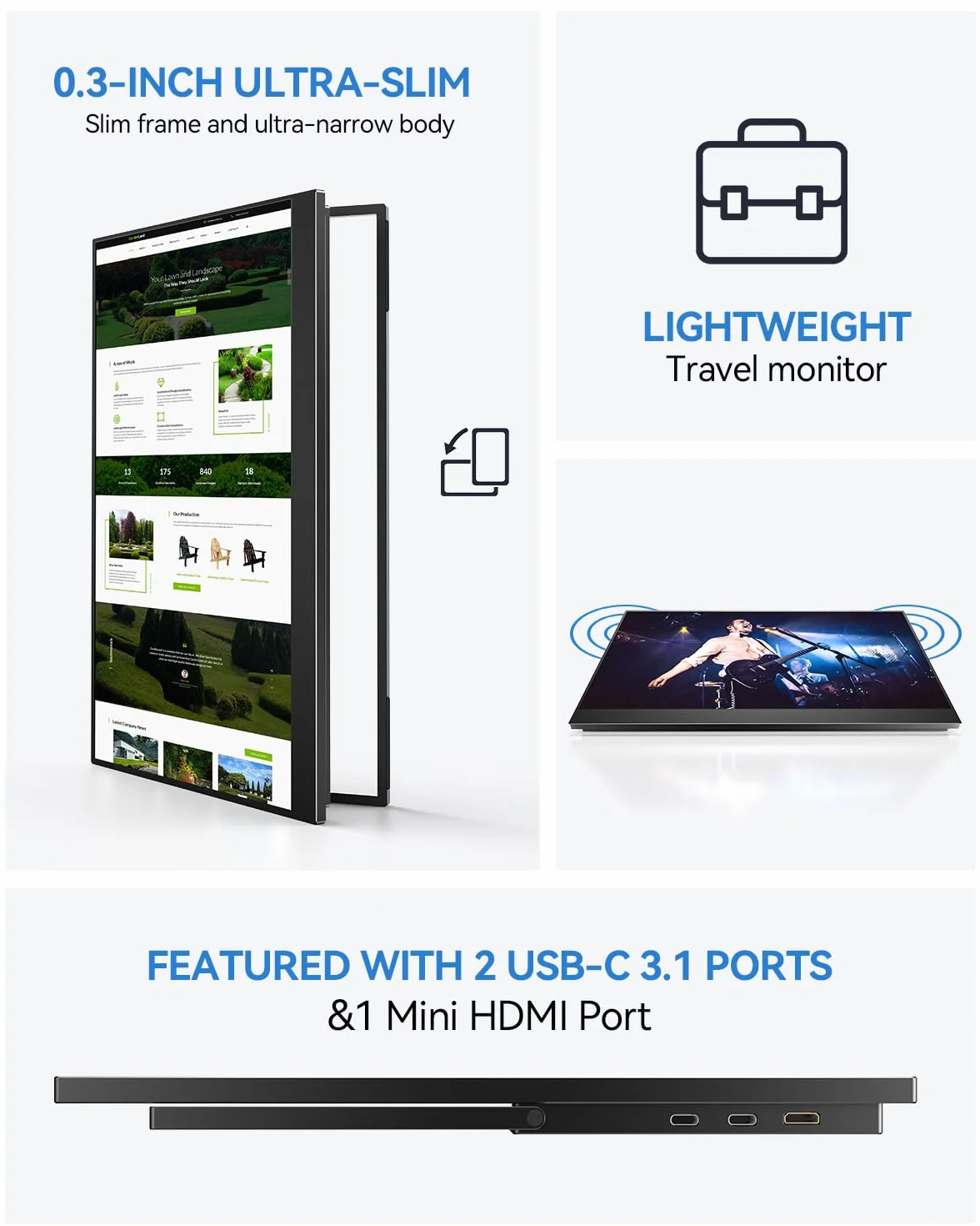 UPERFECT przenośny monitor 17,5 cala, 1920 × 1200P FHD przenośny monitor 16:10 125% sRGB 1500:1 IPS z USB-C i HDMI, ultra cienki - ochrona oczu - zewnętrzny drugi ekran do komputerów PC/Mac/PS3/4/5