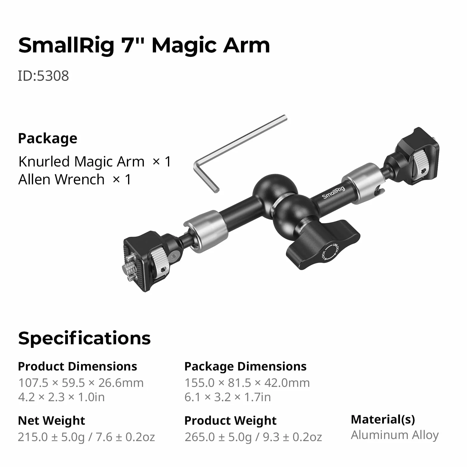 SMALLRIG 7'' Magic Arm ze śrubami 1/4"-20 i sprężynowymi kołkami, nośność 1,5 kg, podwójna głowica kulowa 360°, konstrukcja antypoślizgowa do kamer/oświetlenia/monitorów/mikrofonów/telefonów – 5308