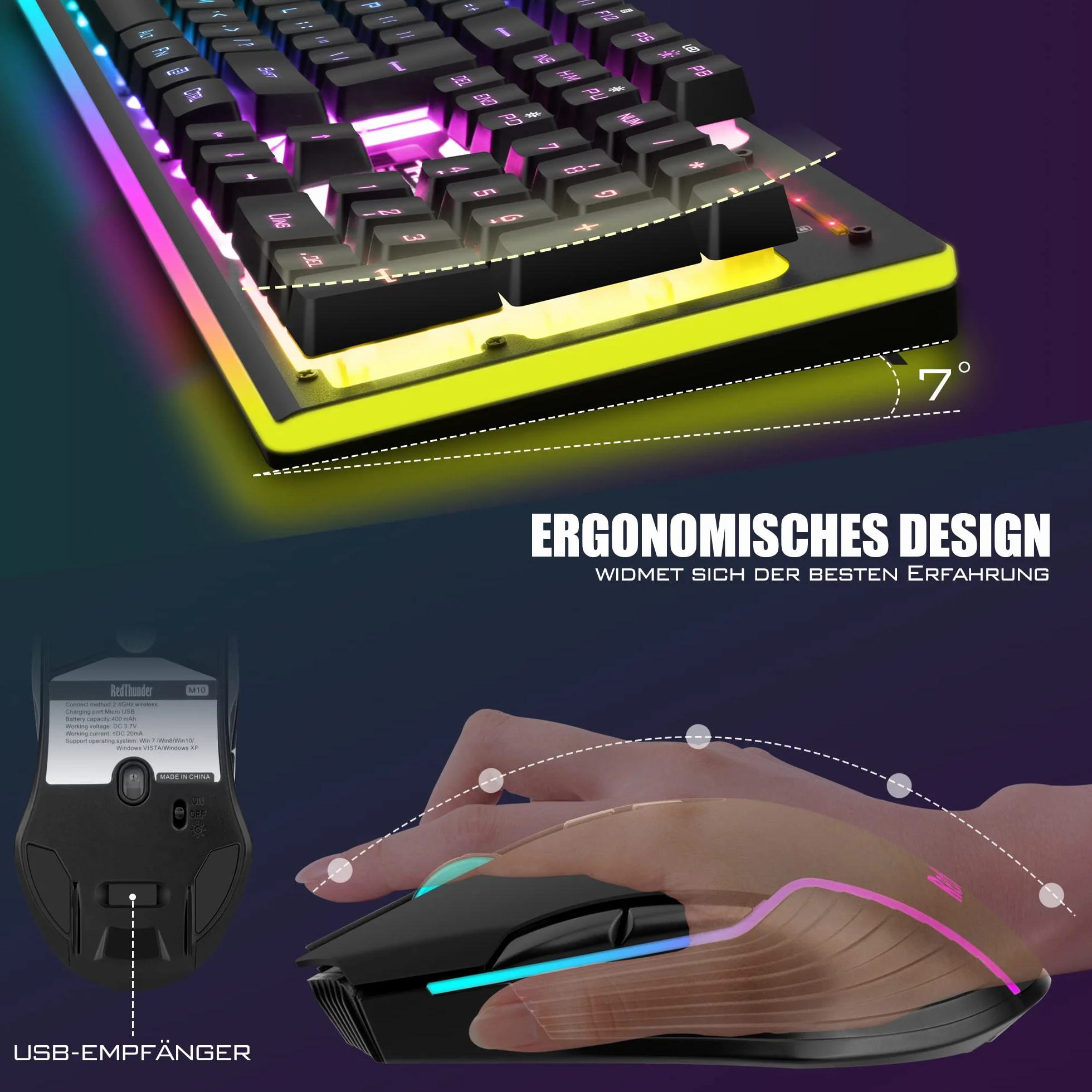 RedThunder K10 Zestaw bezprzewodowej klawiatury i myszy do gier, układ QWERTZ DE, bezprzewodowa klawiatura o pojemności baterii 3000 mA i mysz do gier 3200 DPI dla graczy (czarna)