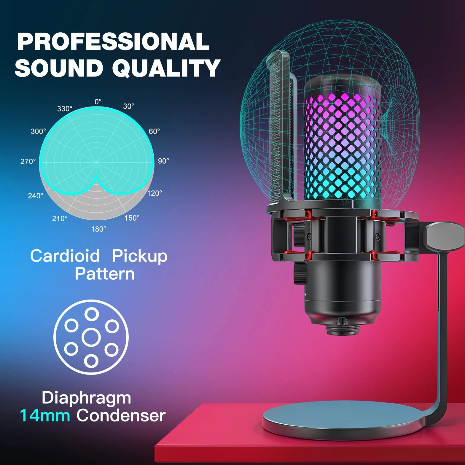 zealsound Mikrofon do gier, mikrofon pojemnościowy RGB USB do PS4 i 5, PC SMARTFOE, z adapterem Lightning i typu C, filtr pop, pokrętło wzmocnienia do podcastów, strumieniowania, nagrywania, konstrukcji w całości metalowej, BKD12A