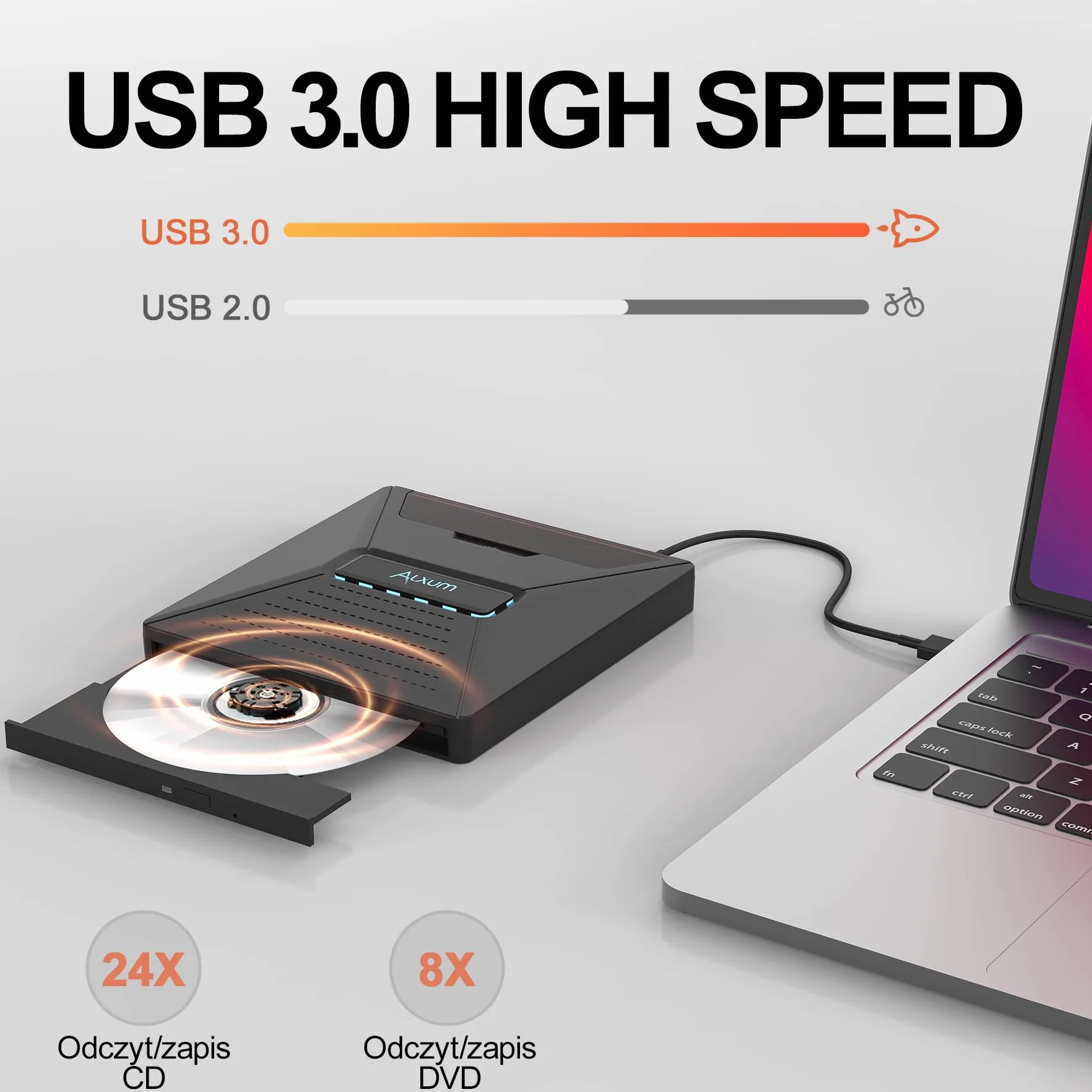 Alxum Zewnętrzny napęd DVD CD do laptopa, napęd CD zewnętrzny USB z interfejsem SATA, nagrywarka DVD zewnętrzna z czytnikiem kart SD/TF i portami USB, do laptopa, komputera, Windows, Linux, Mac OS