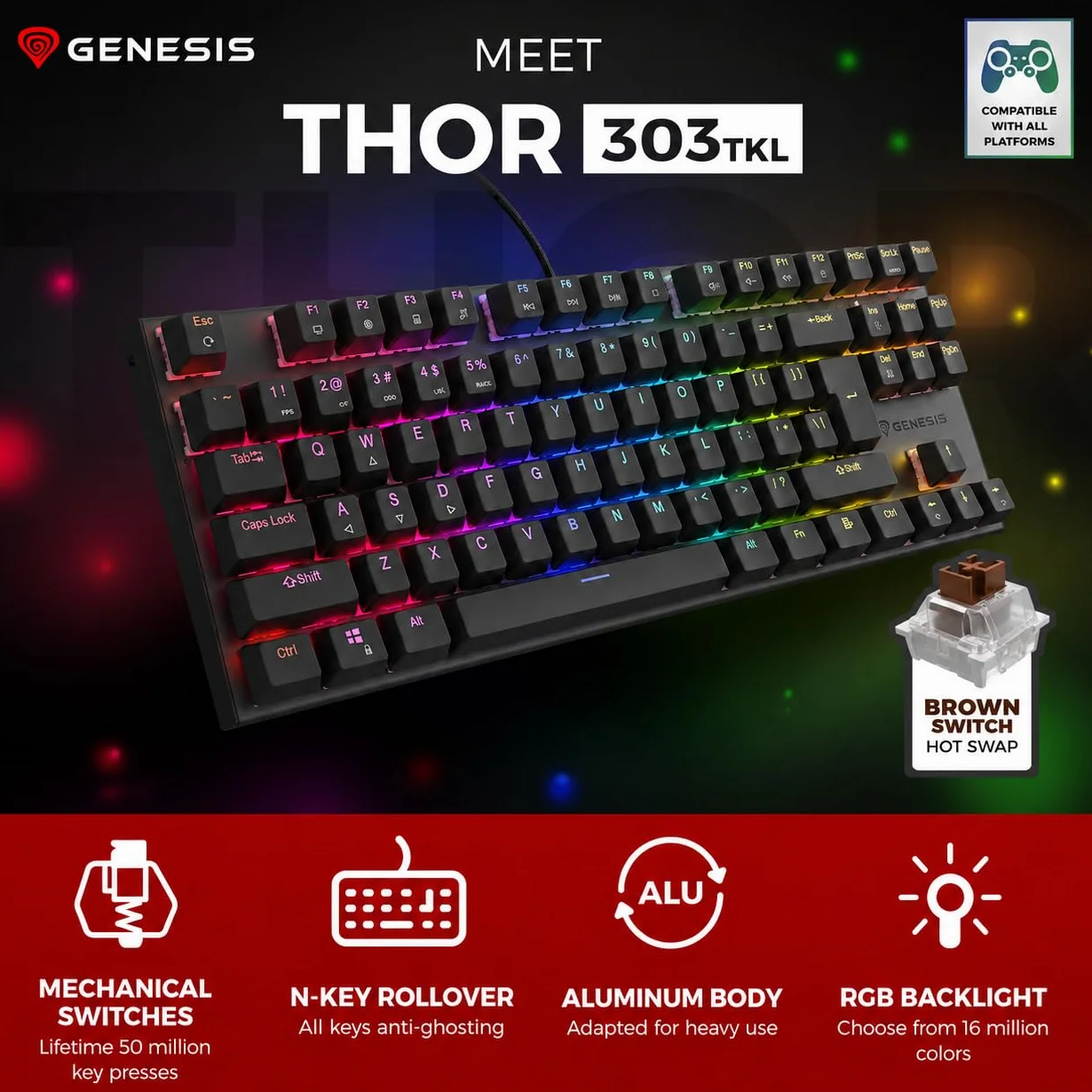 Genesis Thor 303 TKL mechaniczna klawiatura gamingowa QWERTZ, Brown Switch Gaming Keyboard 80%, Outemu Brown, Hot-Swap, oświetlenie RGB, 88 przycisków, Anti-Ghosting, USB-A, czarna