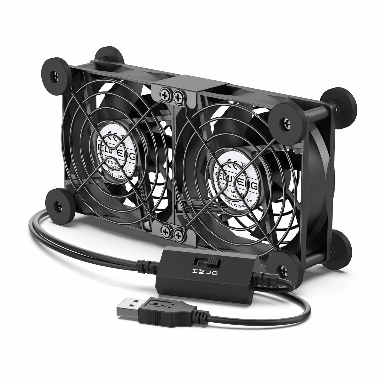 ELUTENG Wentylator USB 2 w 1, 80 mm, 3 stopnie prędkości, dwurzędowy, 5 V, cichy, z 8 nóżkami amortyzującymi wstrząsy, mały, komputerowy, zasilany przez USB, do szafki, routera, PS5, laptopa,