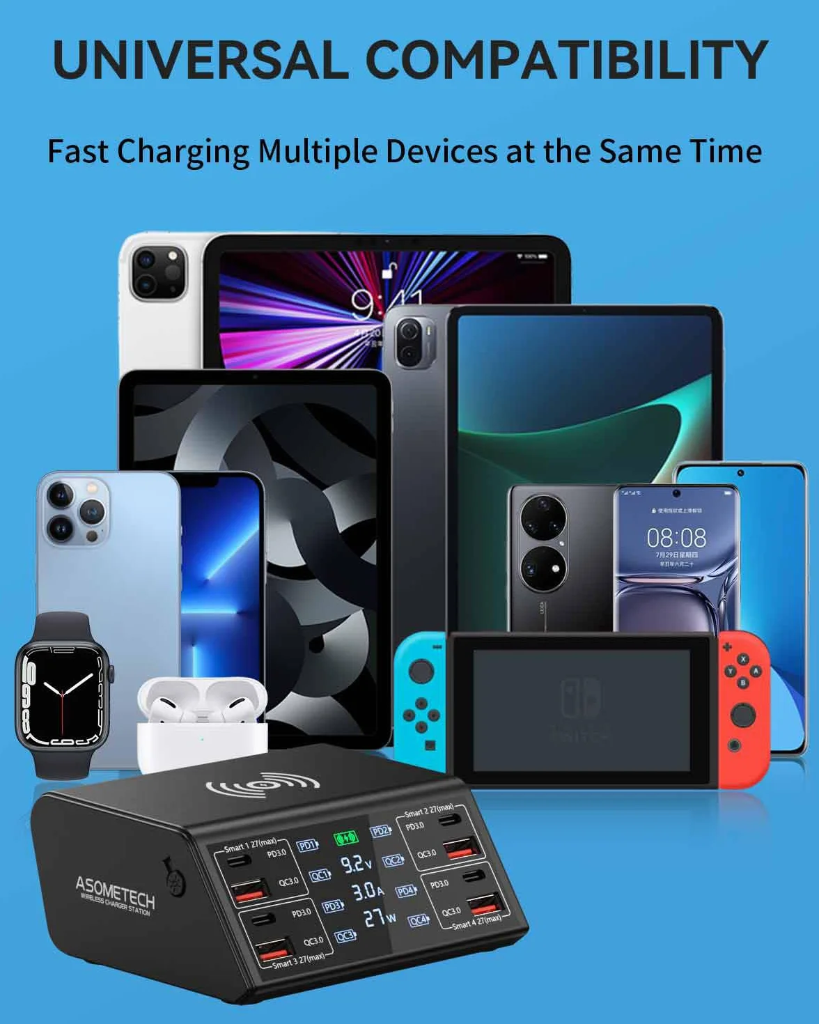 Ładowarka USB, ASOMETECH 100 W, 8 portów, wiele stacji ładujących USB z 4 szybkim ładowaniem 3.0, 4 portami USB C PD, bezprzewodową ładowarką, wyświetlaczem LCD, koncentratorem szybkiego ładowania do