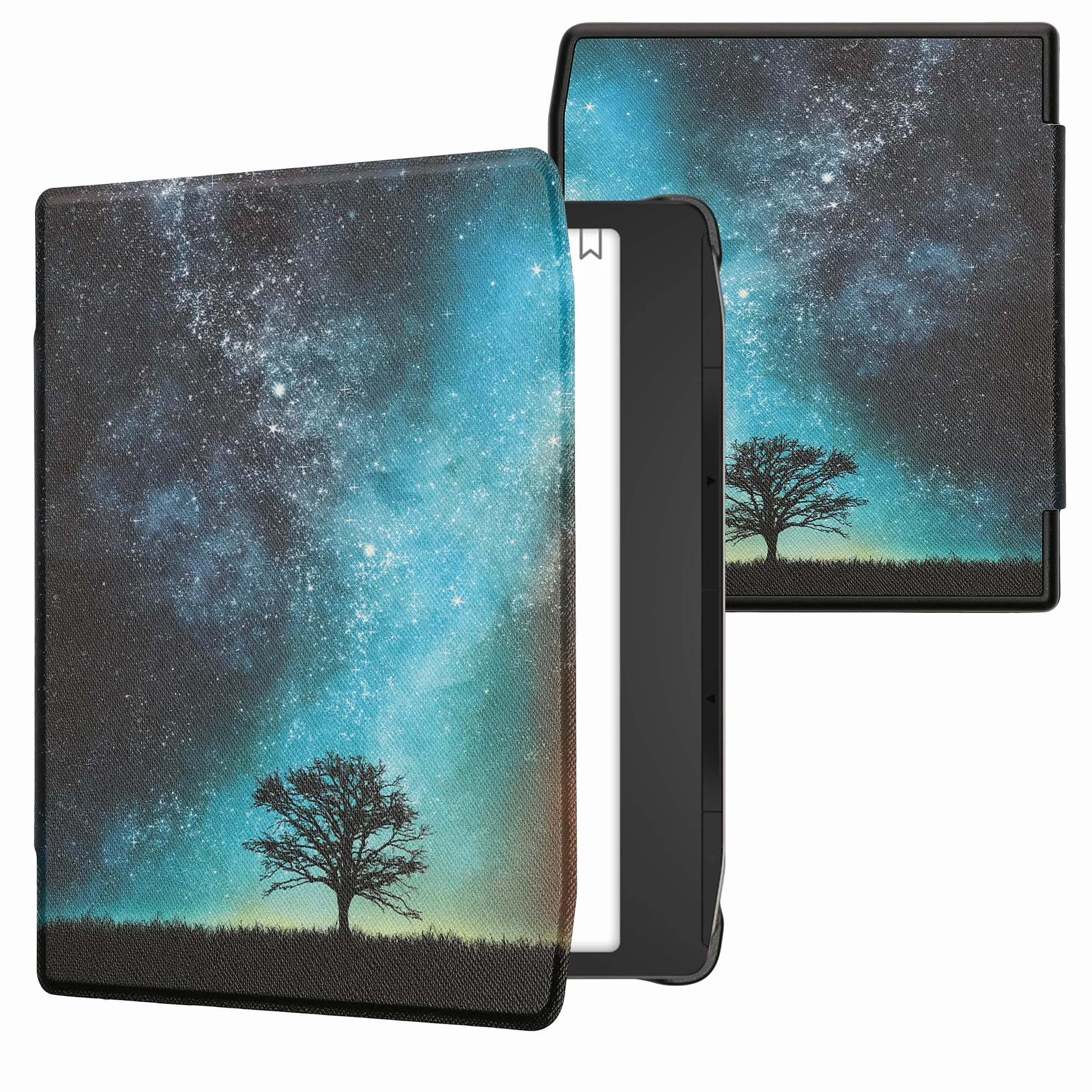 kwmobile etui klapkowe kompatybilne z Pocketbook Era/Era Color – etui na e-reader – galaktyka, drzewo, łąka, kolory: niebieski, szary, czarny