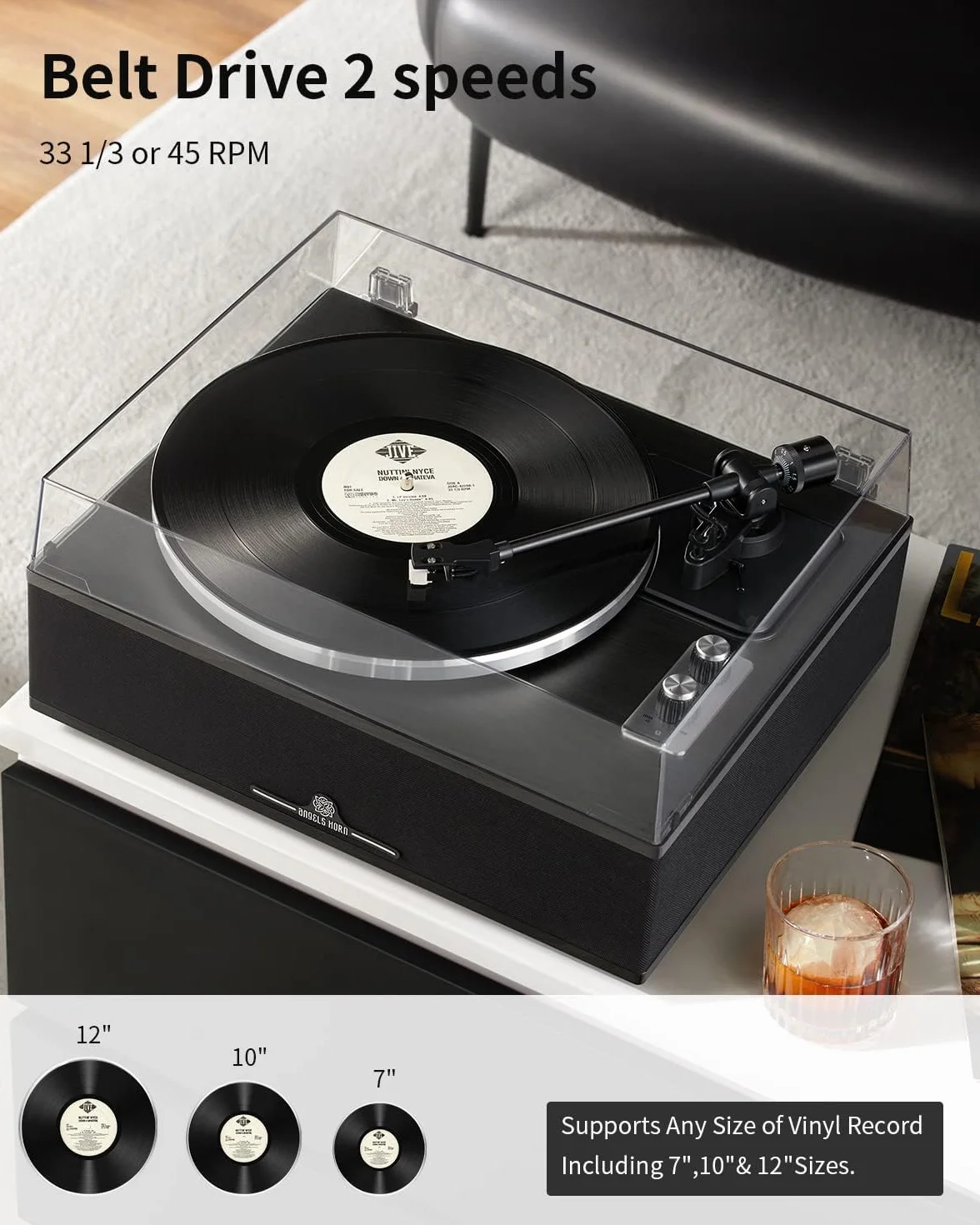 ANGELS HORN Bluetooth Hi-Fi Gramofon z Wbudowanymi Głośnikami | Wbudowany przedwzmacniacz phono, wkładka magnetyczna AT-3600L, napęd paskowy 33/45 RPM i regulowana przeciwwaga