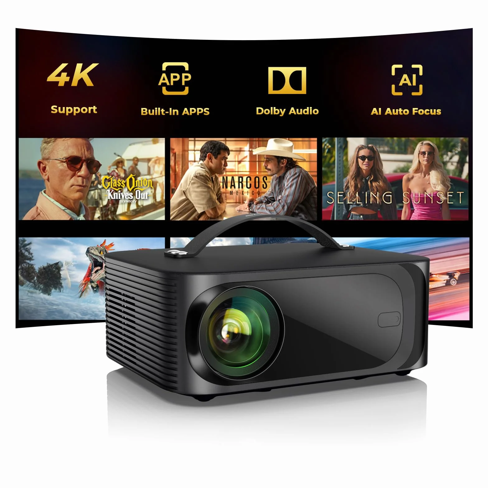 Projektor 4K【800+Oficjalna aplikacja/Dolby Audio】 Projektor wideo 1080P, skupienie elektryczne i 4D/4P Keystone i CEC, WiFi6 Bluetooth 5.4 ONOAYO Retroprojektor kinowy, Mistrzostwa Świata, czarna