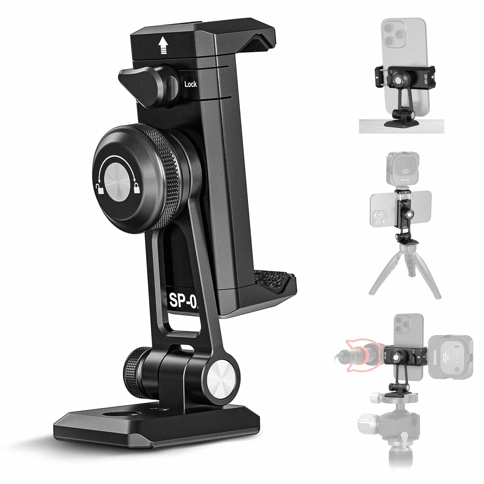 NEEWER Metalowy uchwyt do statywu, adapter z podstawą Arca QR, Cold Shoe, obracany o 360°, kąt nachylenia 180°, uchwyt na telefon, kompatybilny z iPhone 15 Pro Max Galaxy S24