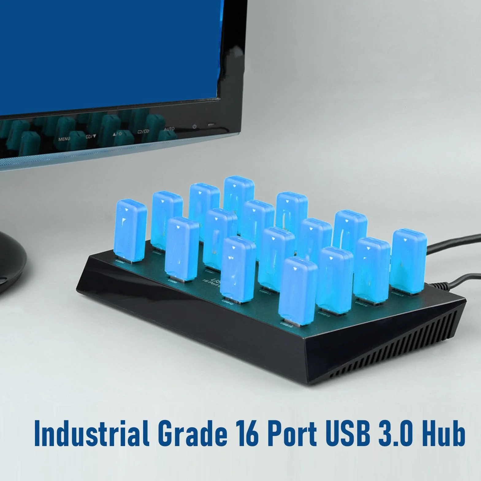 GOWENIC Koncentrator USB 3.0, 16 Portów, Transfer Danych 5 Gb/s, Koncentrator USB Klasy Przemysłowej z Zabezpieczeniem Przed Zwarciem, do Napędu Flash Czytnik Kart Karta Pamięci Dysk (wtyczka UE)