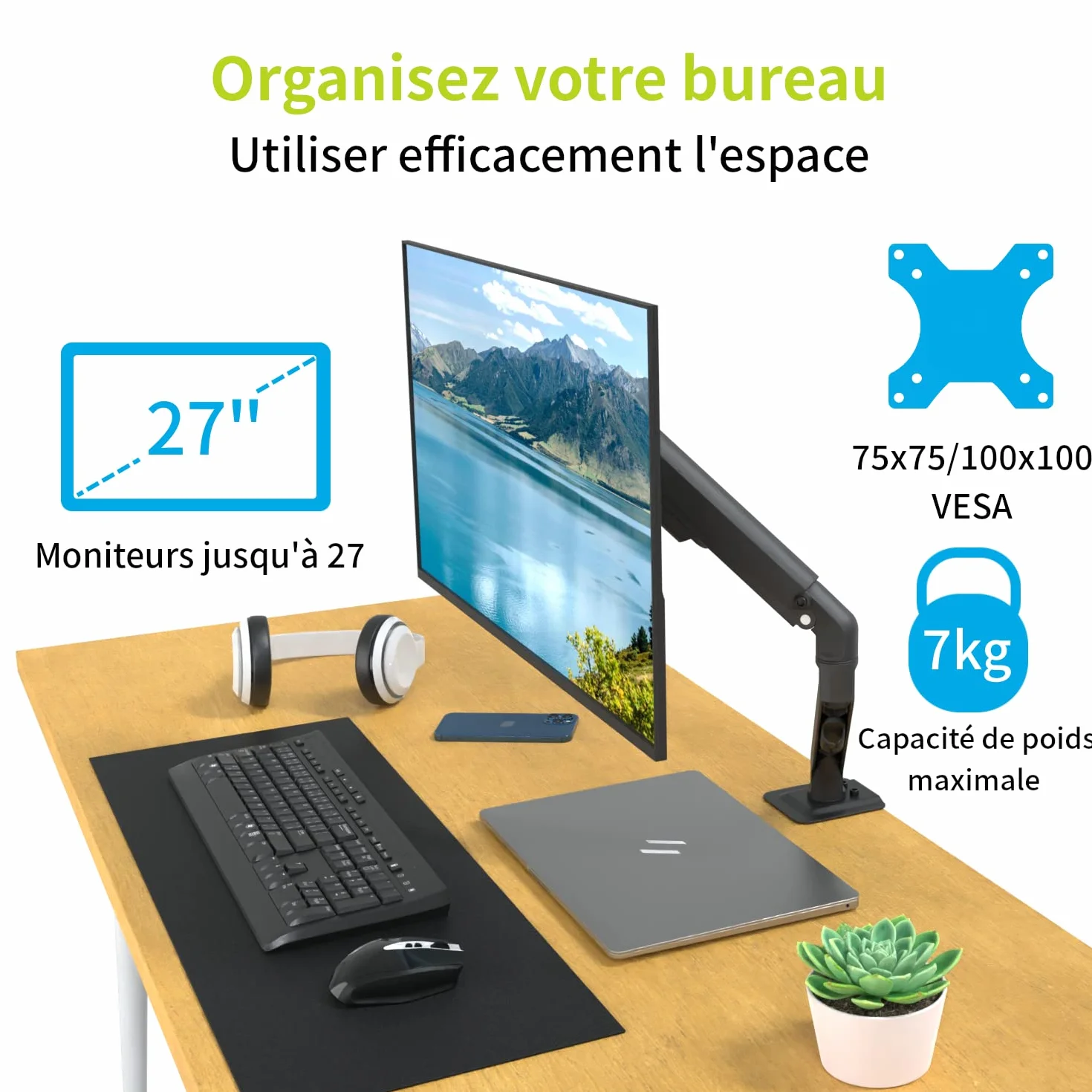 ACROPAQ - Uchwyt na ekran PC - Ramię sprężynowe, obrót o 360°, do ekranów od 17 do 27 cali, szybki montaż - Ramię wyświetlacza PC - Czarny