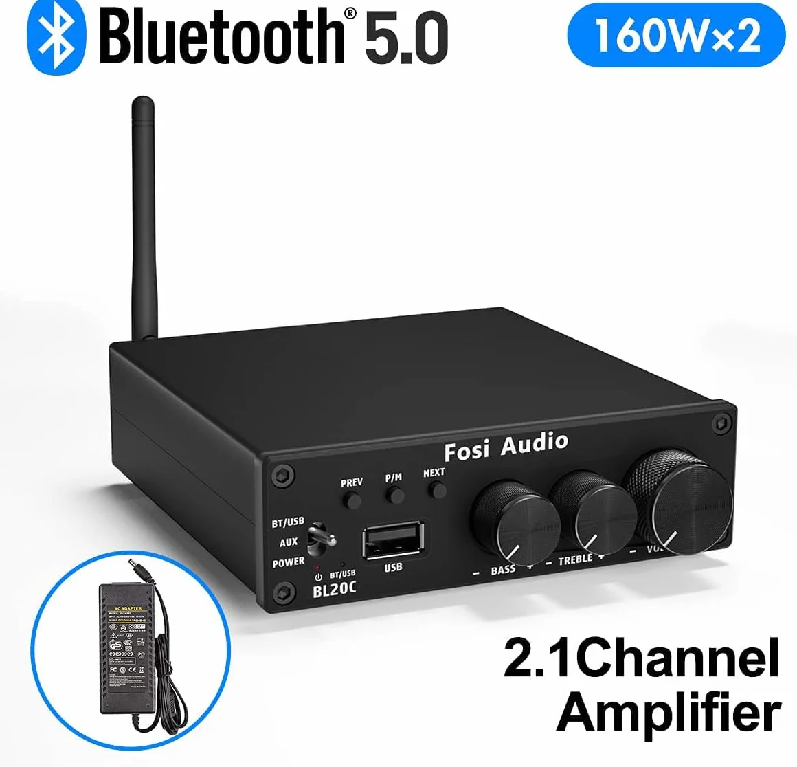 Fosi Audio BL20C 320 W Wzmacniacz odbiornika audio stereo Bluetooth 5.0 2.1 CH Mini Hi-Fi klasy D TDA7498E Wzmacniacz zintegrowany Odtwarzacz U-Disk do domowych głośników pasywnych Zasilany subwoofer