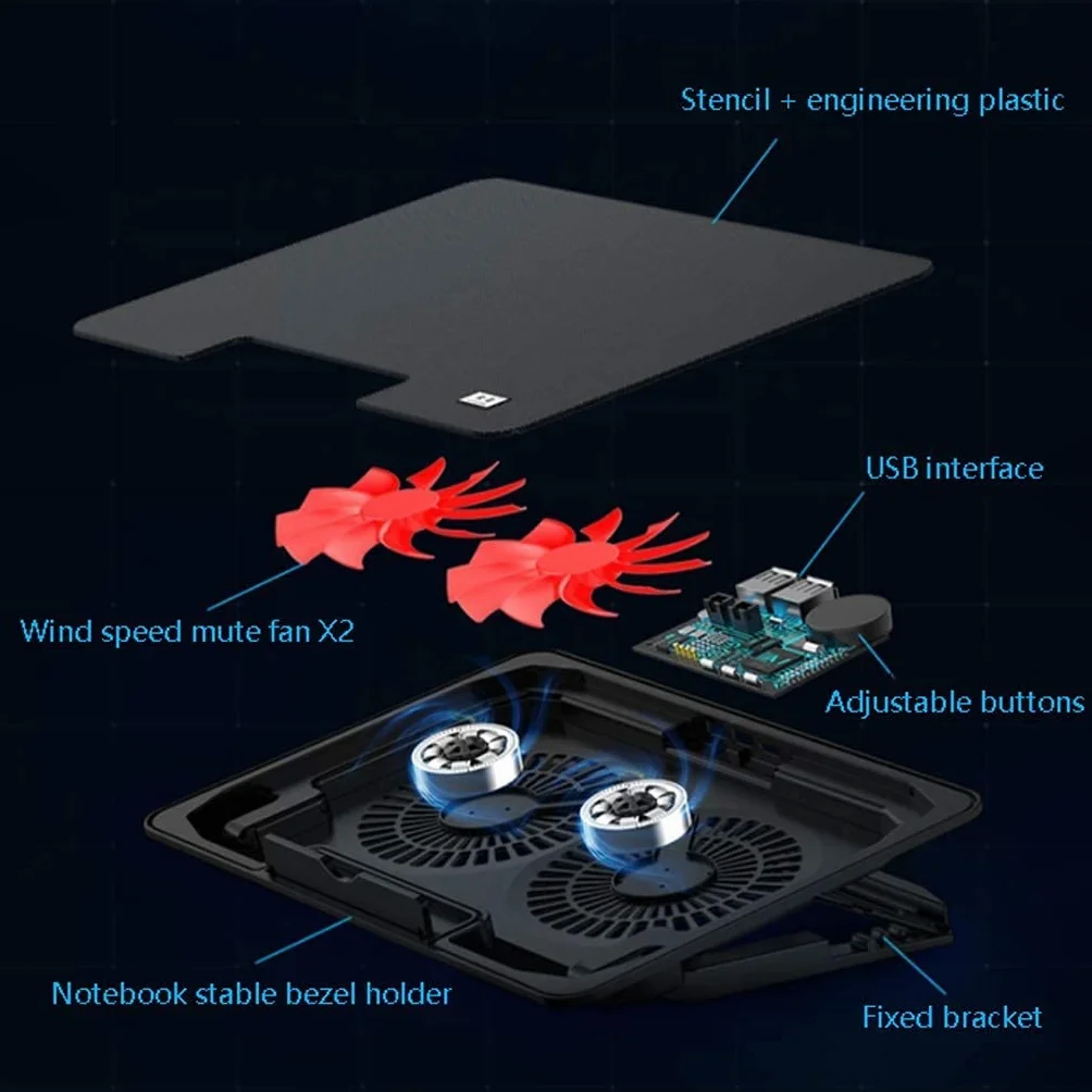 Chłodnica do Laptopa Podkładka Chłodząca Do Laptopa Notebooka Z 2 Wentylatorami Przy 1400 Obr./min Mata Gaming USB Stojak na laptopa,Wentylowany(Black)