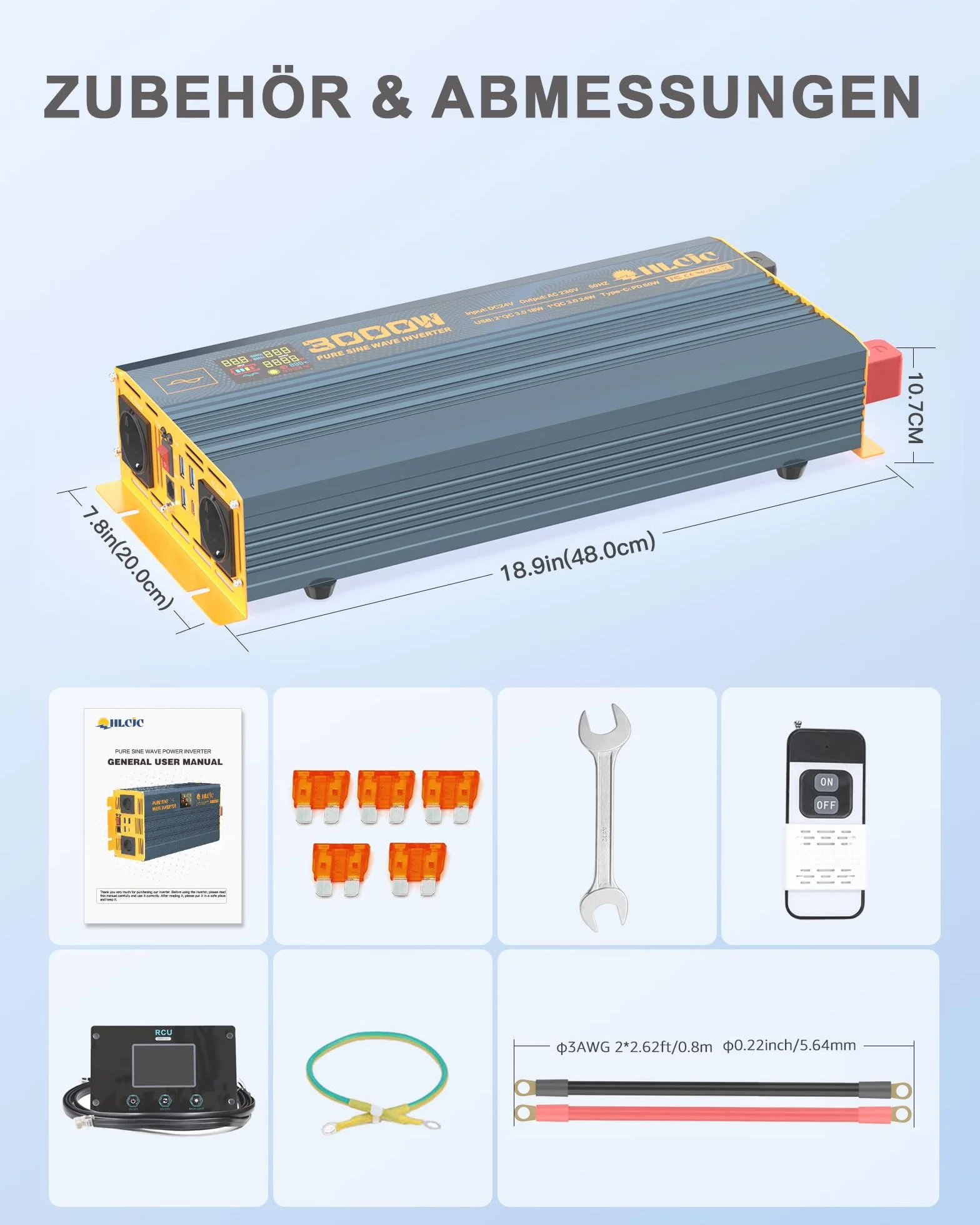 Inwerter sinusoidalny czystej fali, 3000 W, 24 V, 24 V na 230 V, z 2 gniazdami europejskimi, 1 portem USB-C, 3 portami USB-A z szybkim ładowaniem, wyświetlacz LCD do autokaravany, ciężarówki