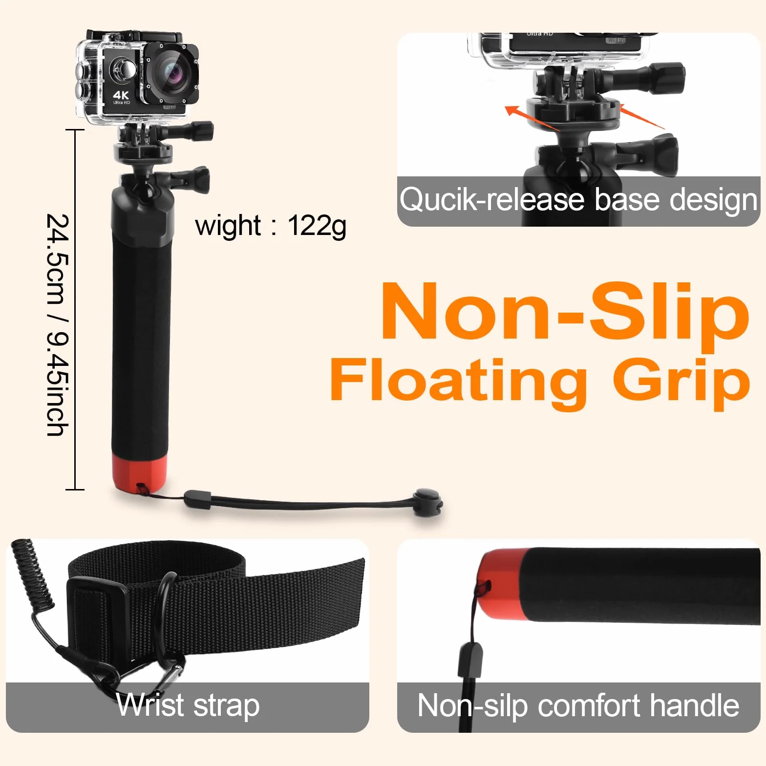 Wiseten uchwyt pływaki, antypoślizgowy kijek do selfie 360° dla GoPro Hero 13-9 i DJI Osmo Action 5 Pro