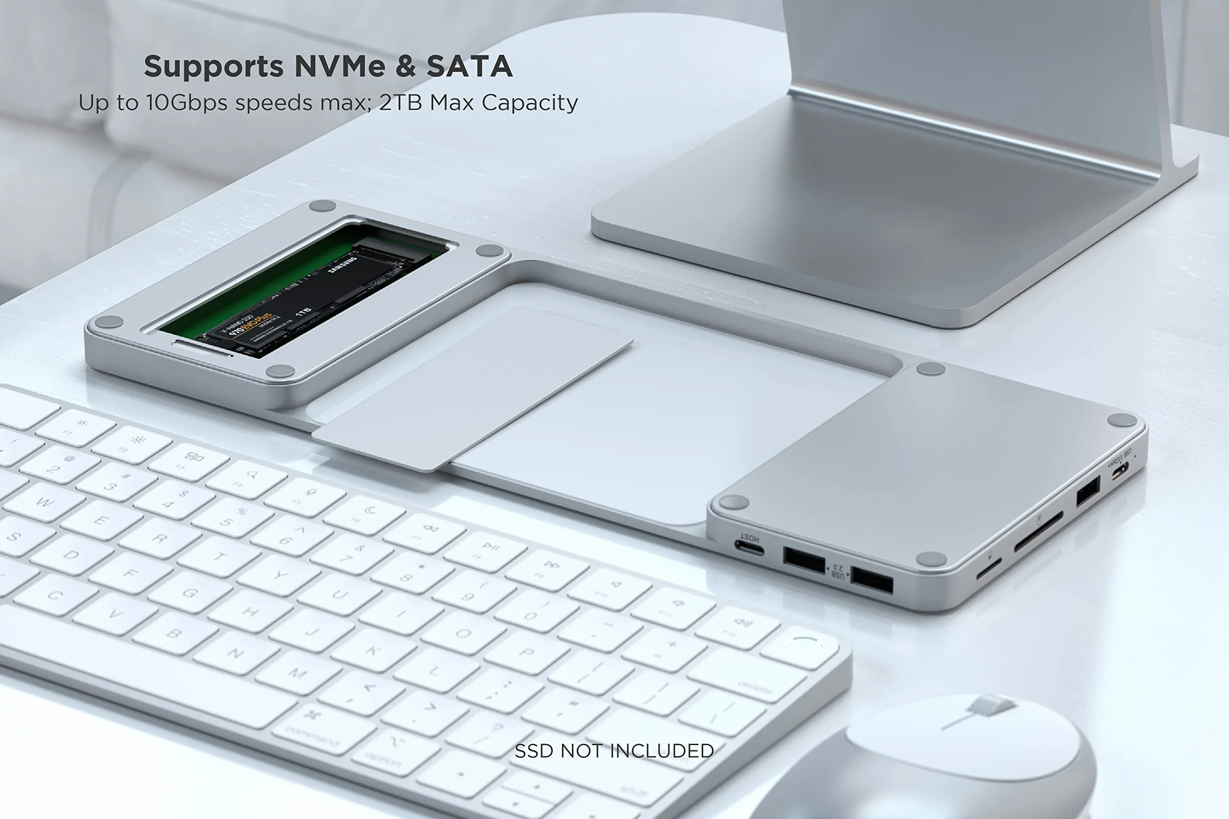 SATECHI smukła stacja dokująca USB-C do 24-calowego iMaca, srebrna | Obudowa SSD M.2 NVMe/SATA, USB-C, USB-A i czytniki kart SD/microSD, port USB-C do transmisji danych