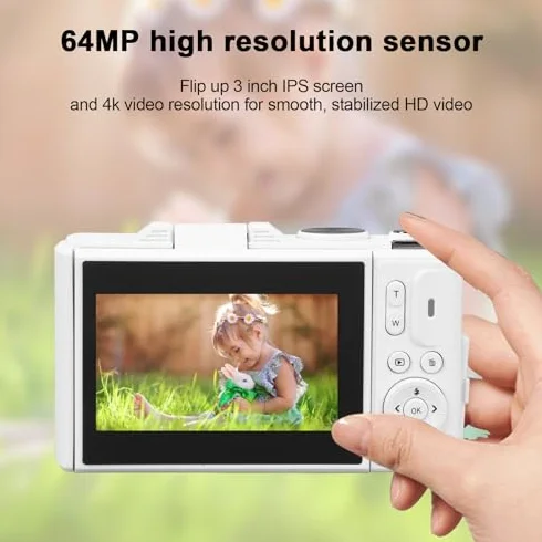 Aparat Cyfrowy, 18-krotny Zoom, Stabilizator 64 MP i Kamera UHD 4K z kartą Pamięci 256 GB, 3-calowy Ekran IPS dla Chłopców, Dziewcząt i Dzieci (WHITE)