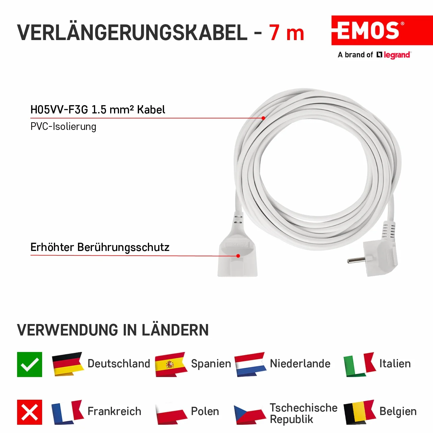 EMOS Przedłużacz IP20 7m 1 gniazdo Schuko 250V 16A 3680W H05VV-F3G 1,5mm² biały