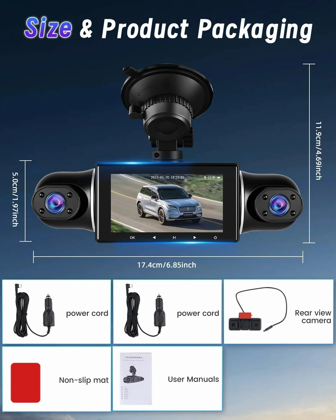 NHOPEEW 1080P 5-kanałowa kamera na deskę rozdzielczą 360° – kamera na deskę rozdzielczą z dwoma kamerami cofania, soczewkami wewnętrznymi i przednimi – nagrywanie w pętli czujnika G, widoczność w nocy