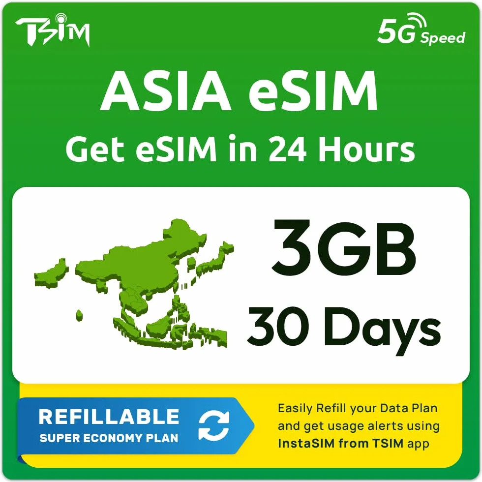 Asia eSIM dla 17 krajów | Plan wielokrotnego napełniania 3 GB Super Economy! Kod QR wysłany pocztą elektroniczną w ciągu 24 godzin – skanuj i używaj natychmiast | Automatyczna aktywacja 30-dniowa