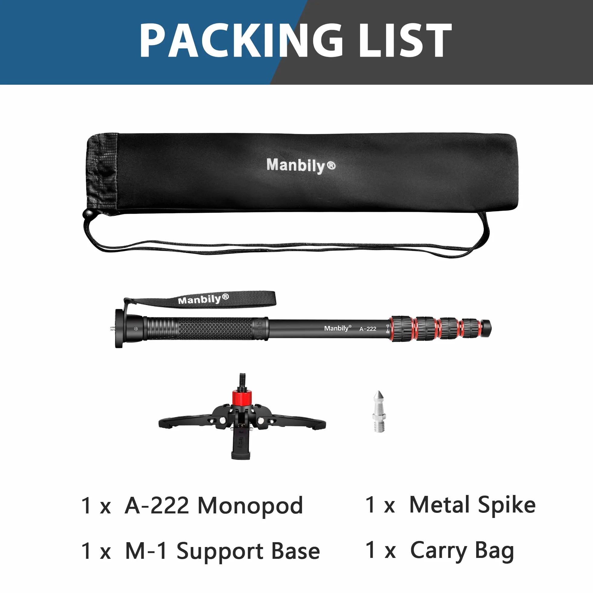 Manbily Wysuwany aluminiowy monopod z nóżkami, przenośny monopod podróżny ze zdejmowaną podstawą statywu do kamery wideo DSLR Canon Nikon Sony, 5 sekcji, do 170 cm, maksymalne obciążenie 7 kg (A-222)