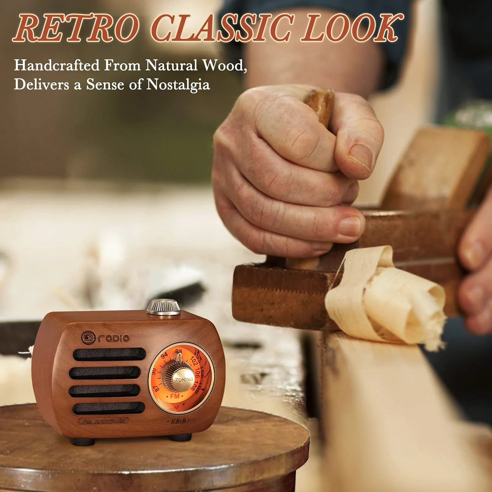 PRUNUS R-818 drewniane radio retro z głośnikiem Bluetooth, przenośne FM FM, małe ładowanie, głośnik basowy o doskonałej jakości basów, obsługuje wejście AUX (drewno wiśniowe)